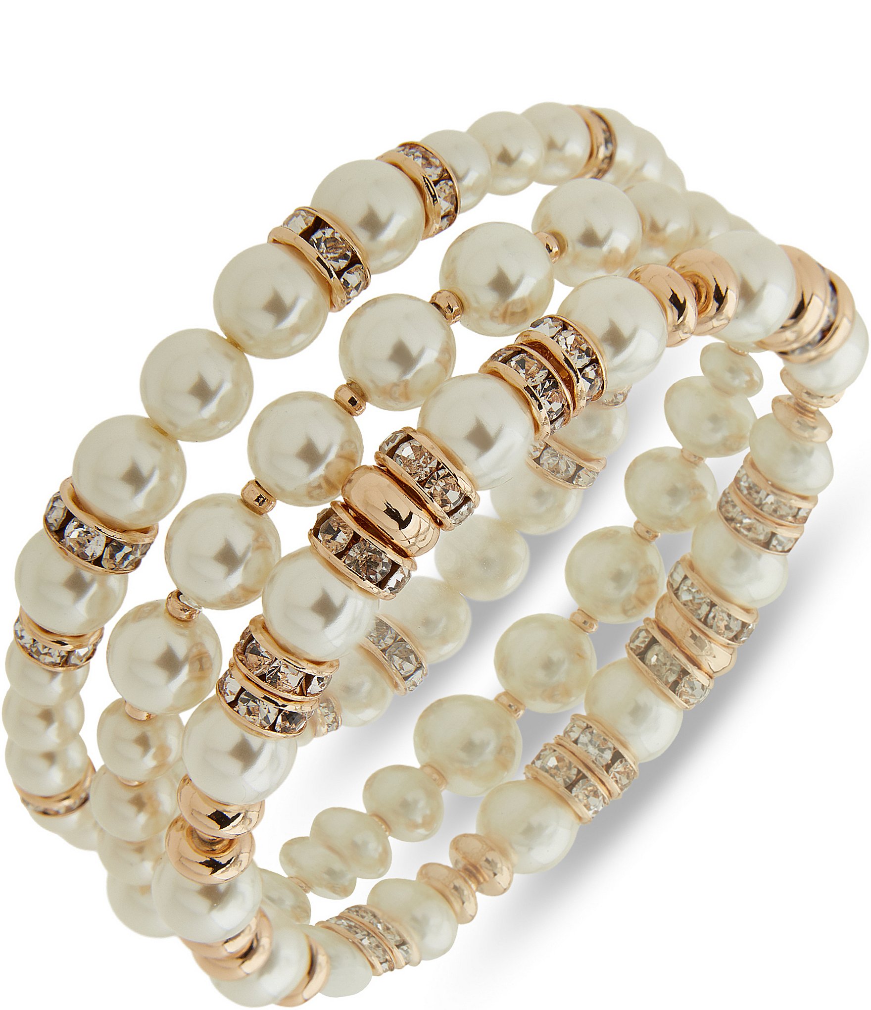 Anne Klein Gold Tone White Pearl Crystal Rondelle Stretch Bracelet