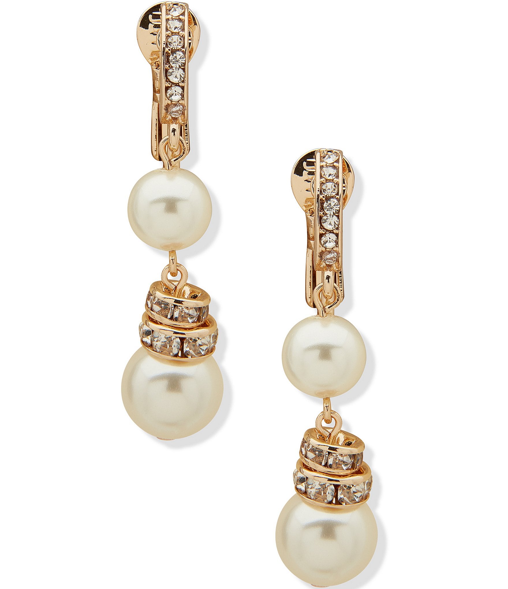 Anne Klein Gold Tone White Pearl Snowman Double Clip Drop Earrings