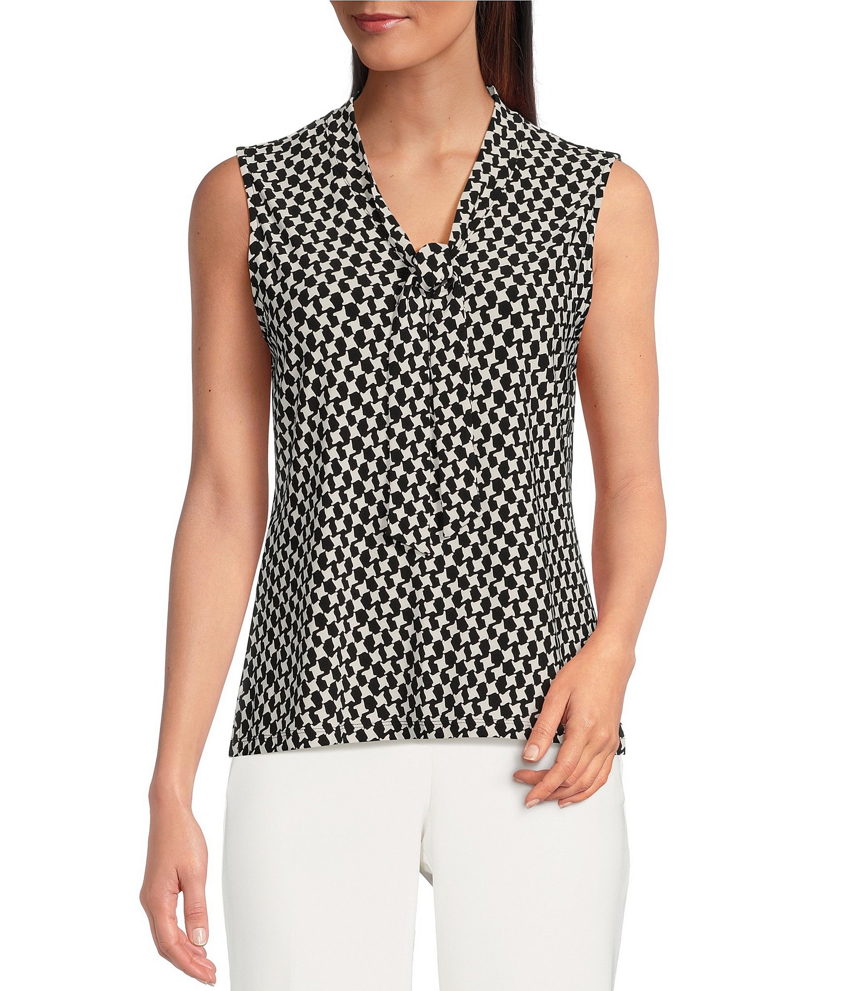 Anne Klein ITY Knit Printed V-Neck Sleeveless Tie Front Blouse | Dillard's