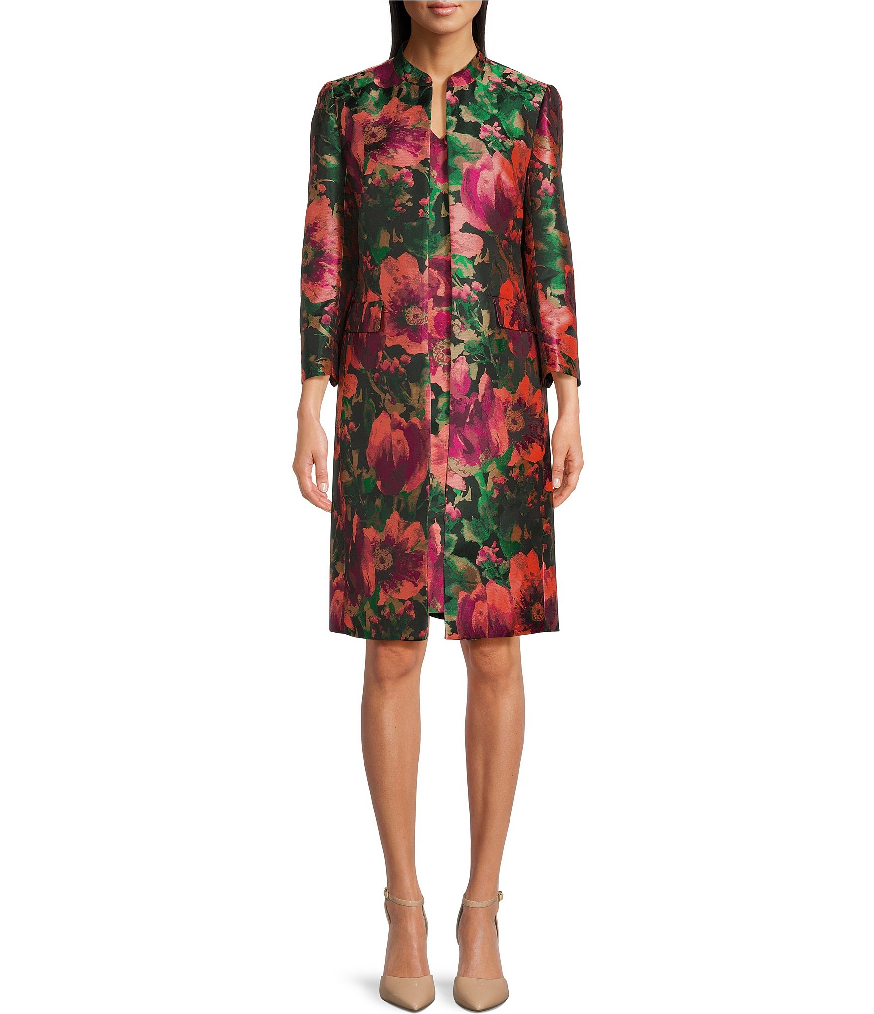 Anne Klein Kissing Jacquard Woven Floral Pocketed Button-Front ...