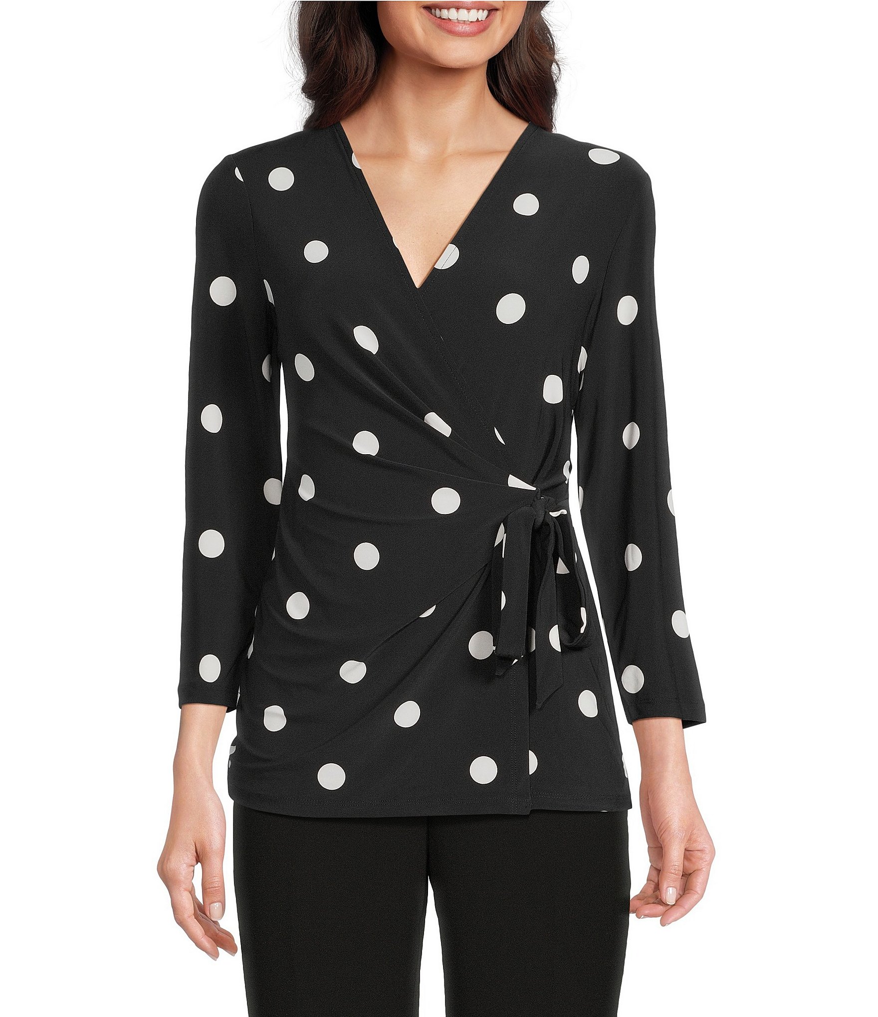Anne Klein Knit Jersey Polka Dot Print V-Neck 3/4 Sleeve Faux-Wrap Top