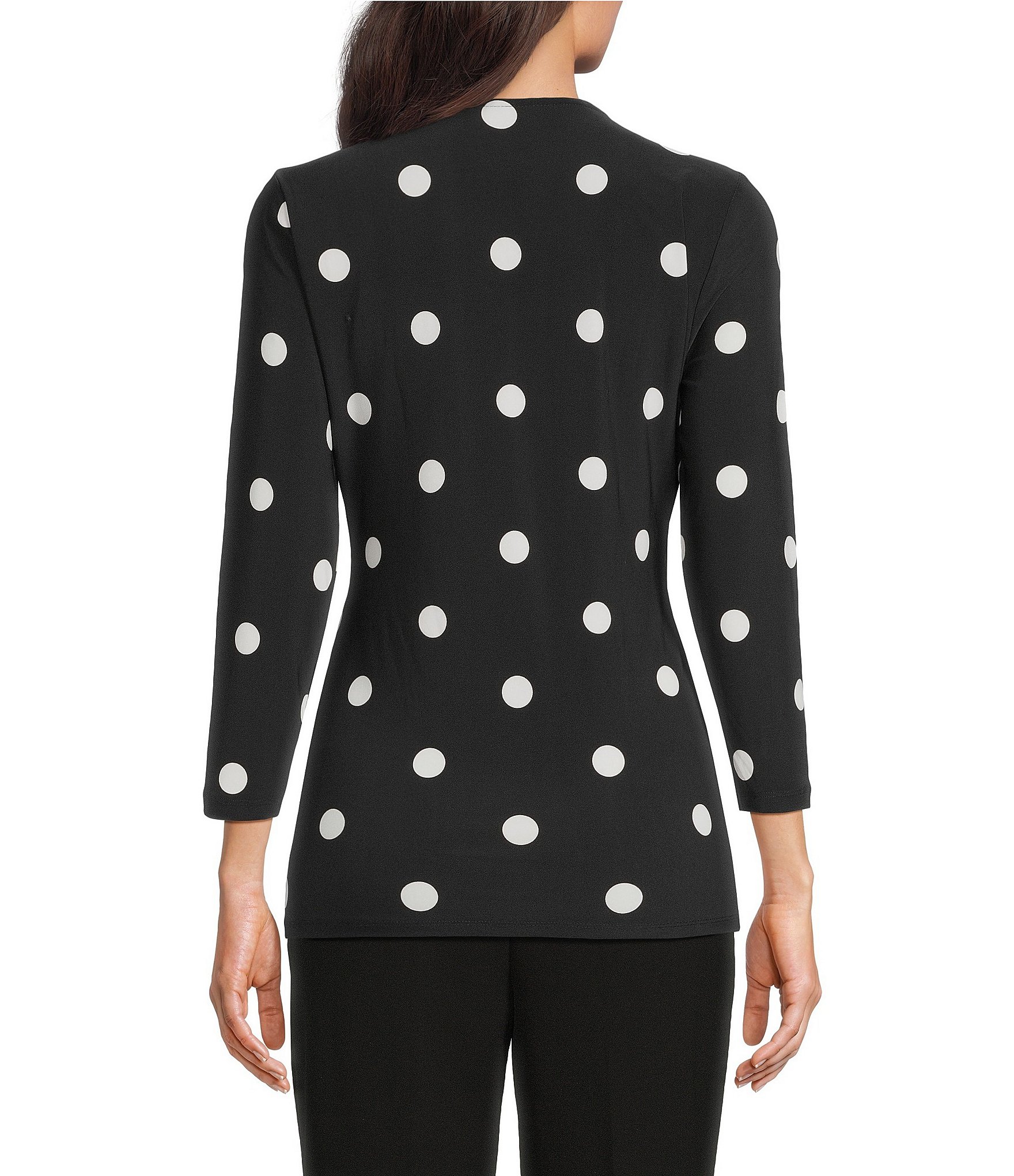 Anne Klein Knit Jersey Polka Dot Print V-Neck 3/4 Sleeve Faux-Wrap Top