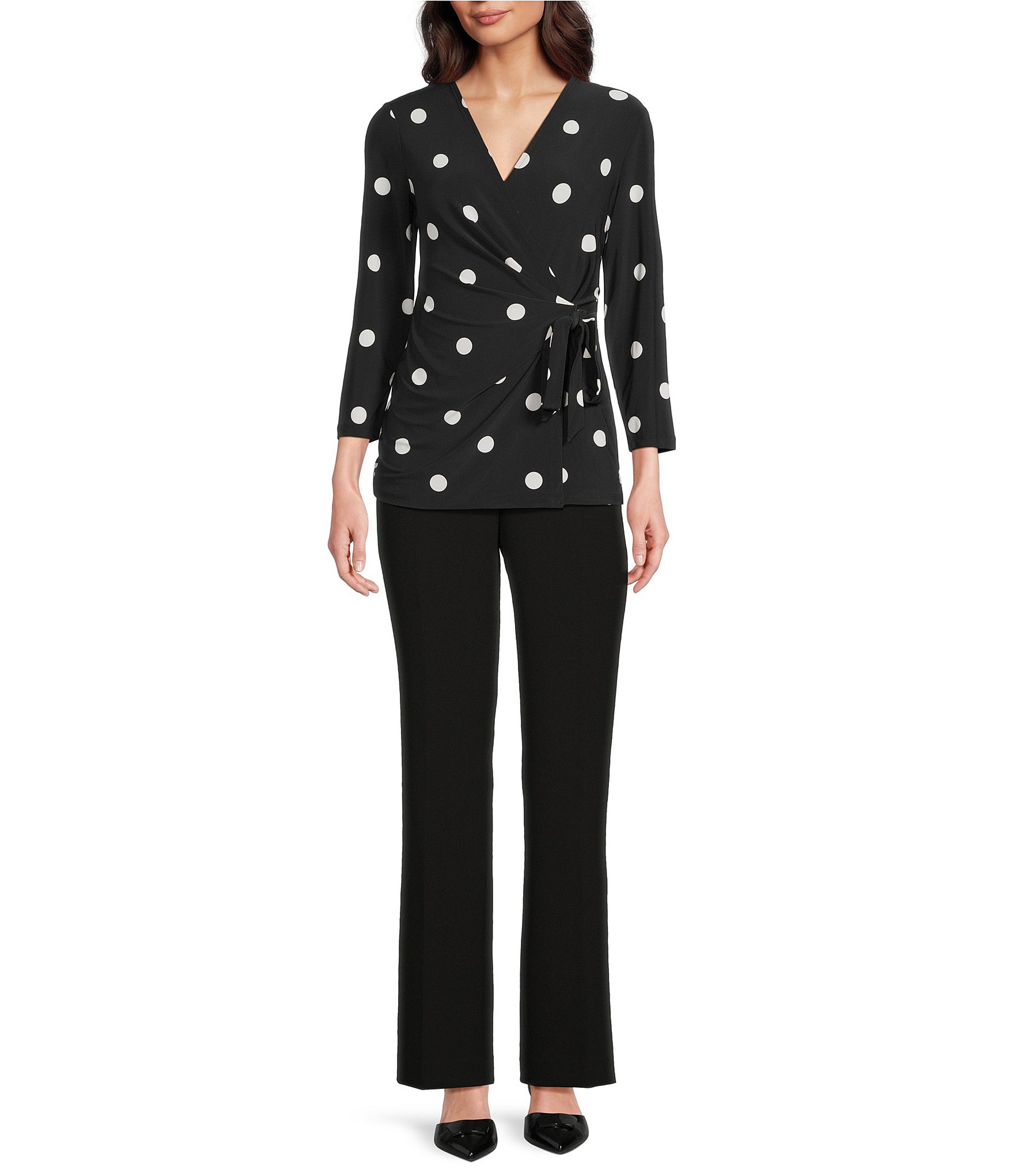Anne Klein Knit Jersey Polka Dot Print V-Neck 3/4 Sleeve Faux-Wrap Top