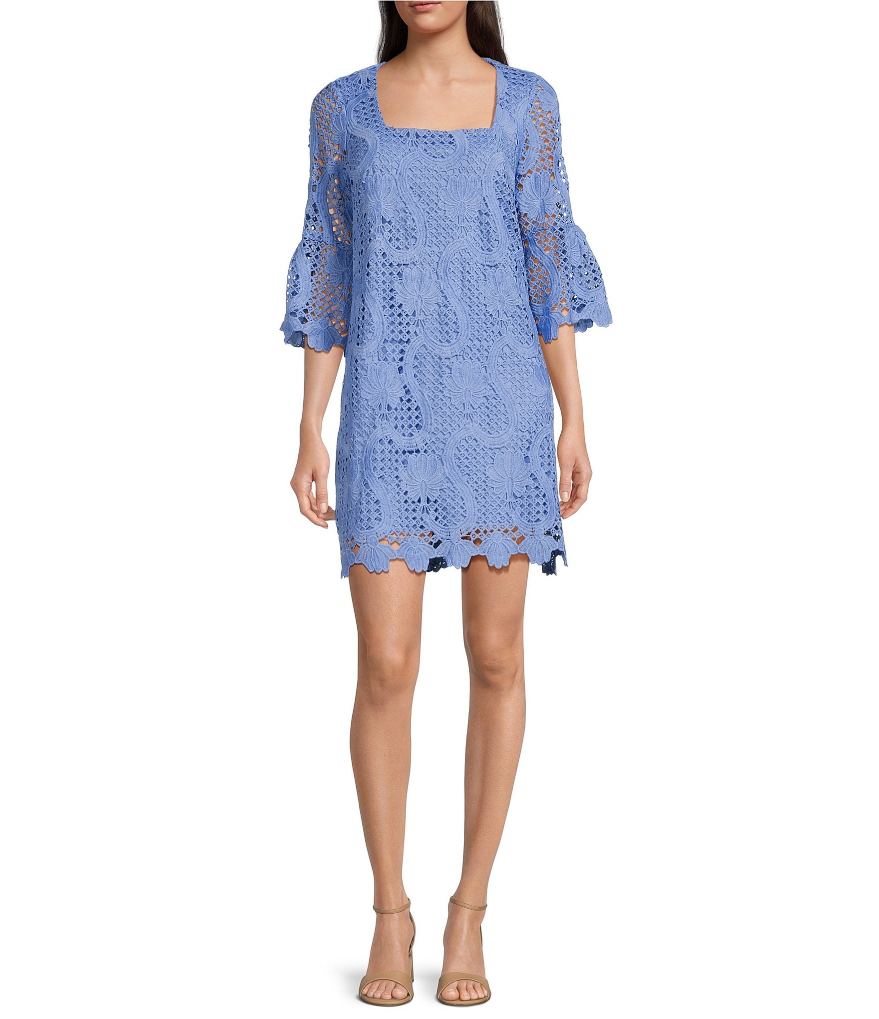Anne Klein Lace Square Neck 3/4 Sleeve Shift Mini Dress