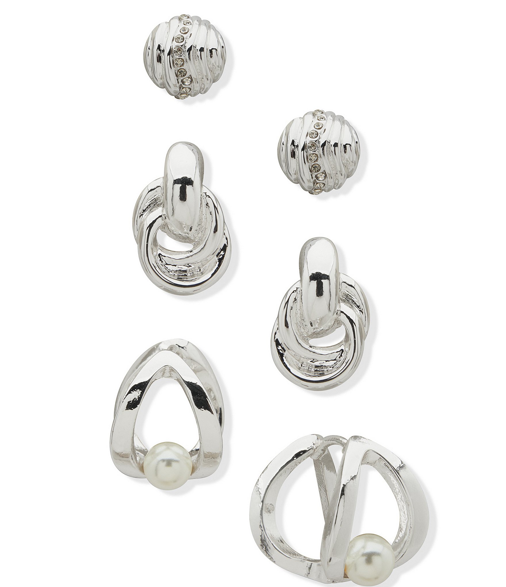 Anne Klein Pearl Fluted Dome Texture Trio Earring Set