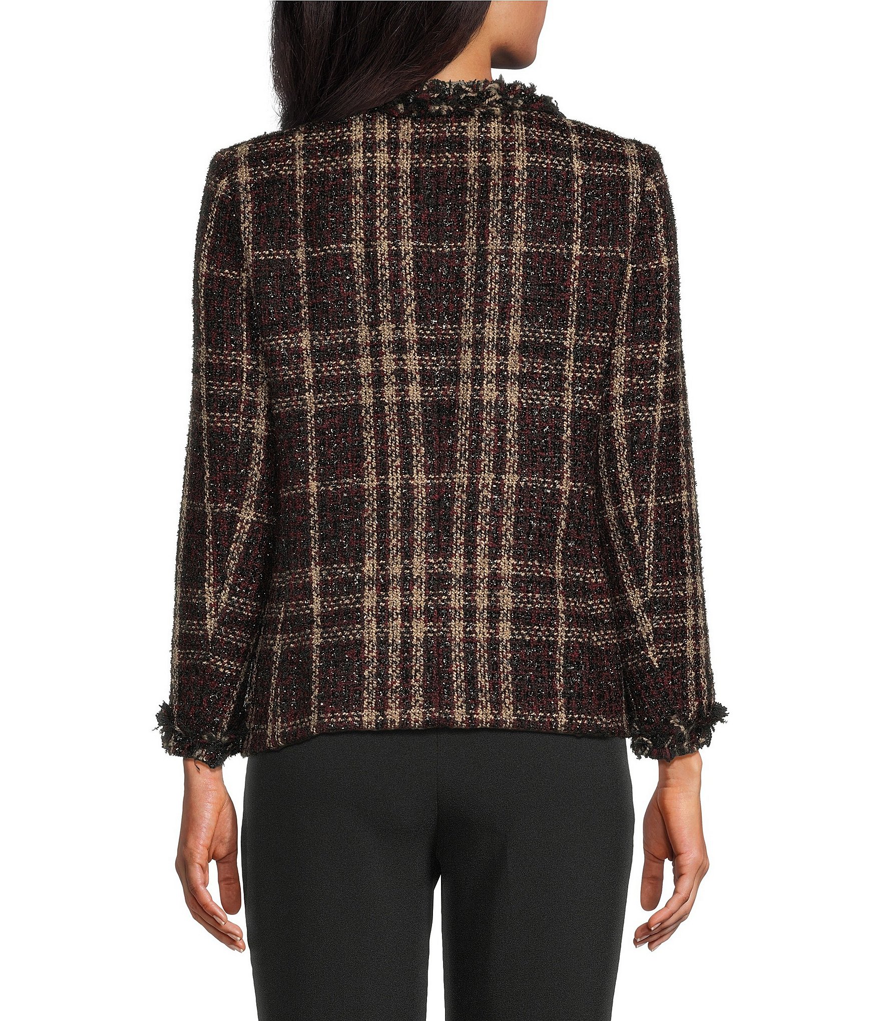 Anne Klein Plaid Tweed Fringe Pocket Jacket