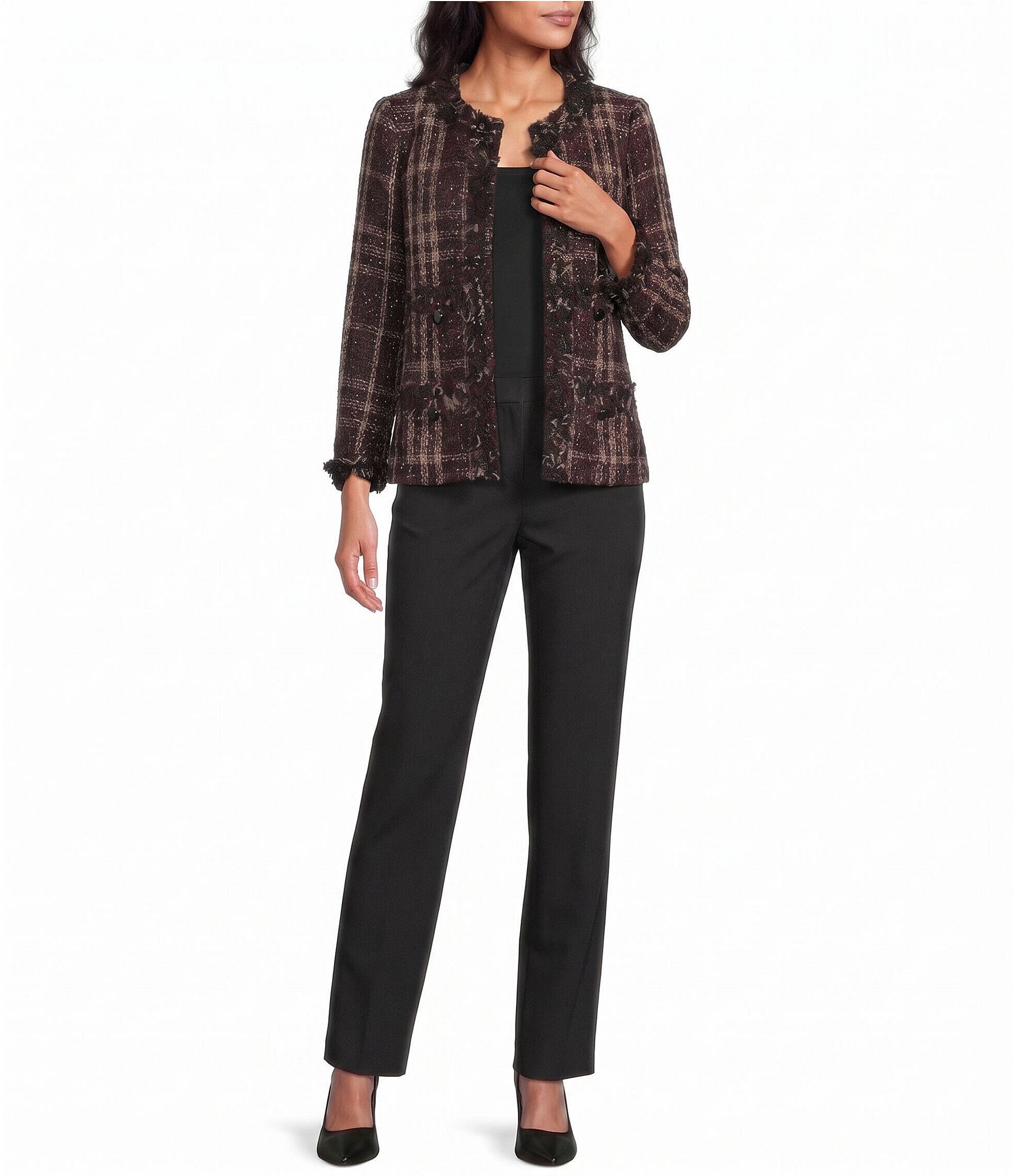Anne Klein Plaid Tweed Fringe Pocket Jacket