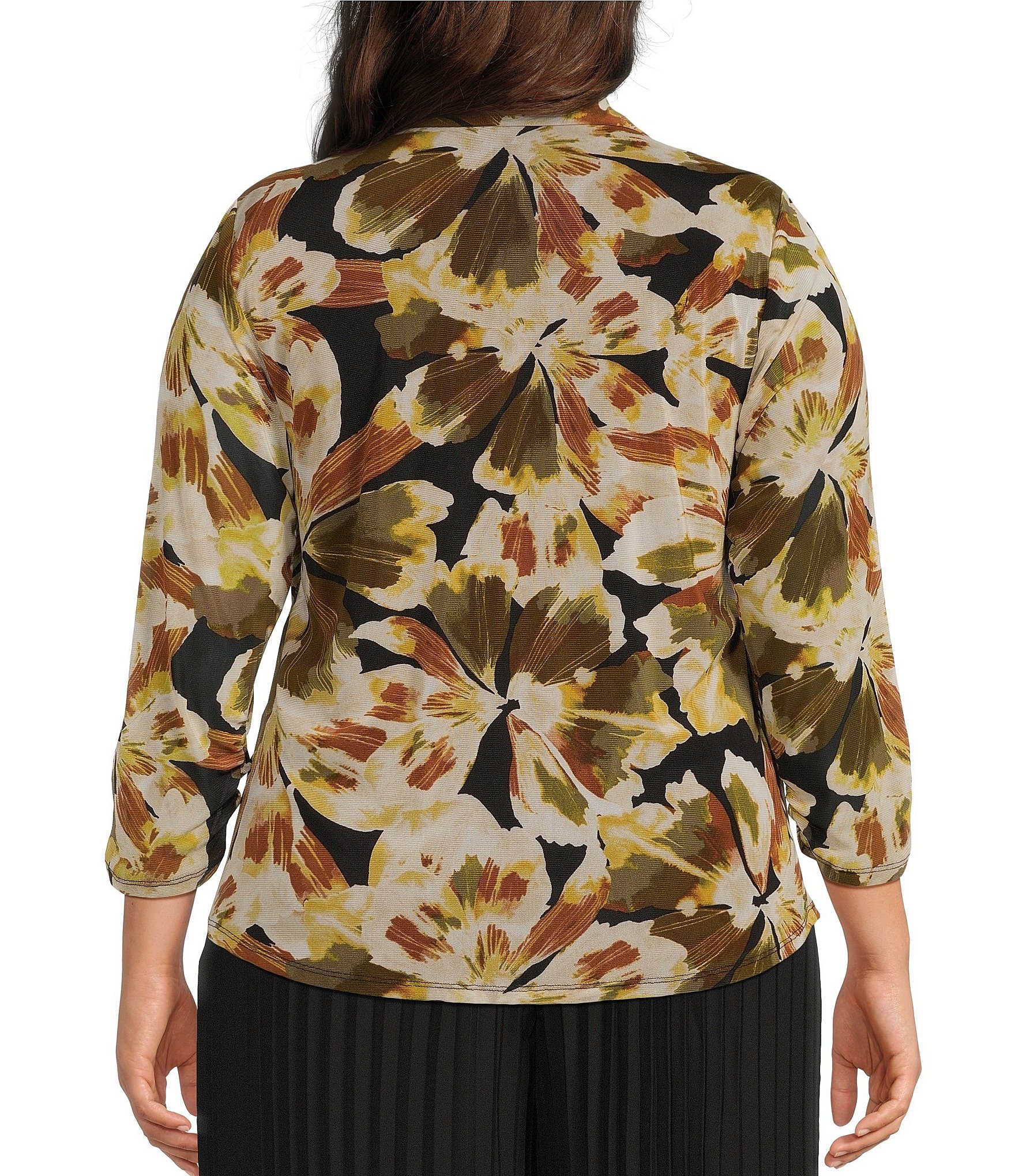 Anne Klein Plus Size 3/4 Sleeve Printed Mesh Button Down Blouse