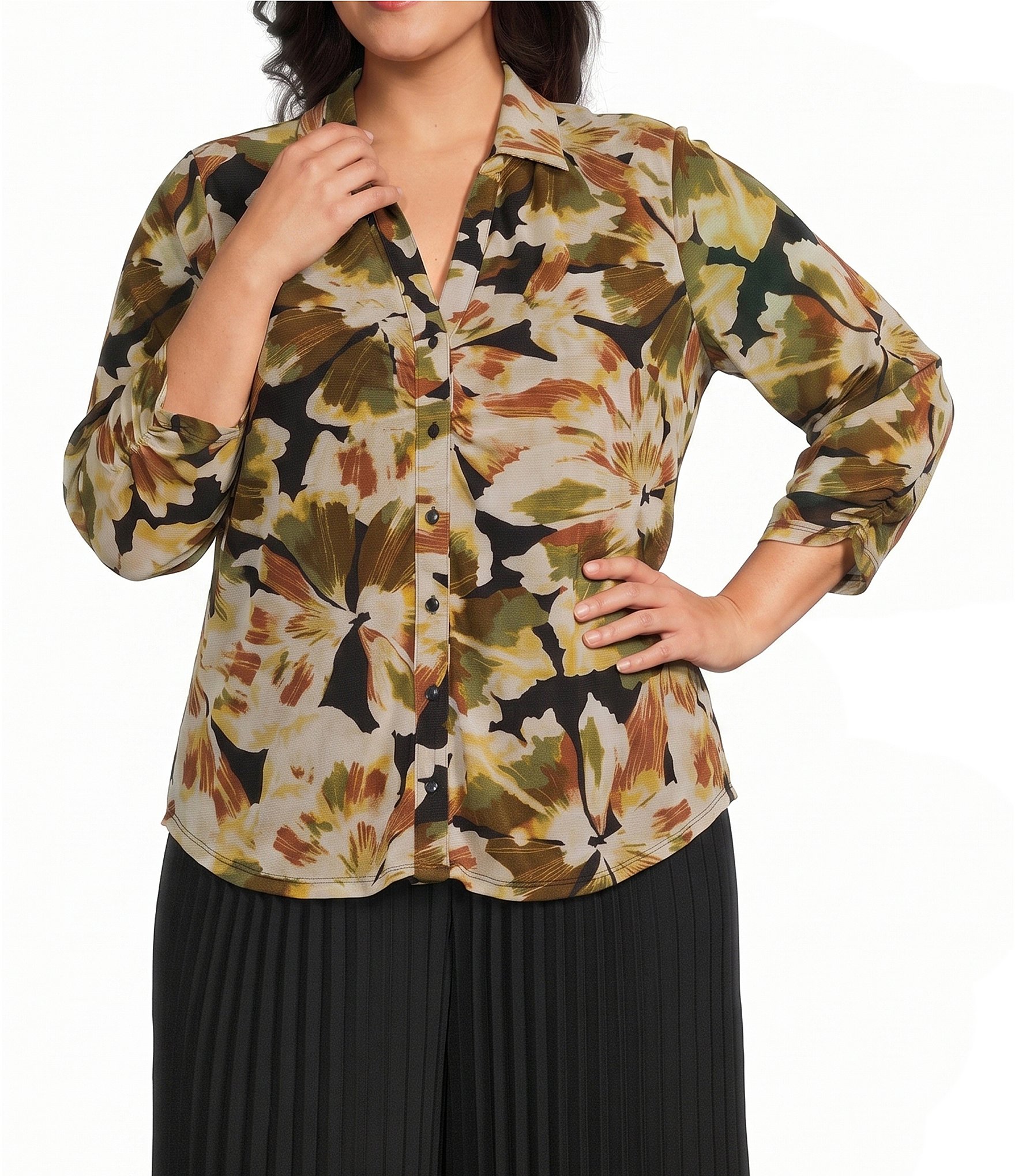 Anne Klein Plus Size 3/4 Sleeve Printed Mesh Button Down Blouse