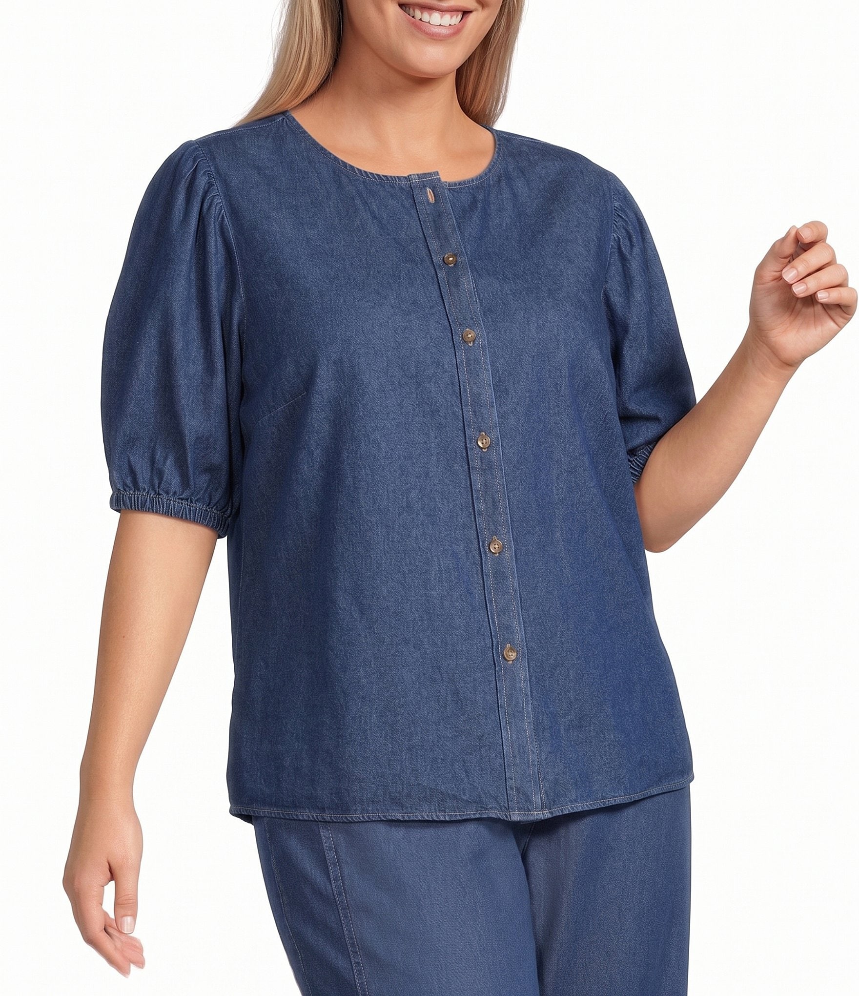 Anne Klein Plus Chambray Button Front Blouse