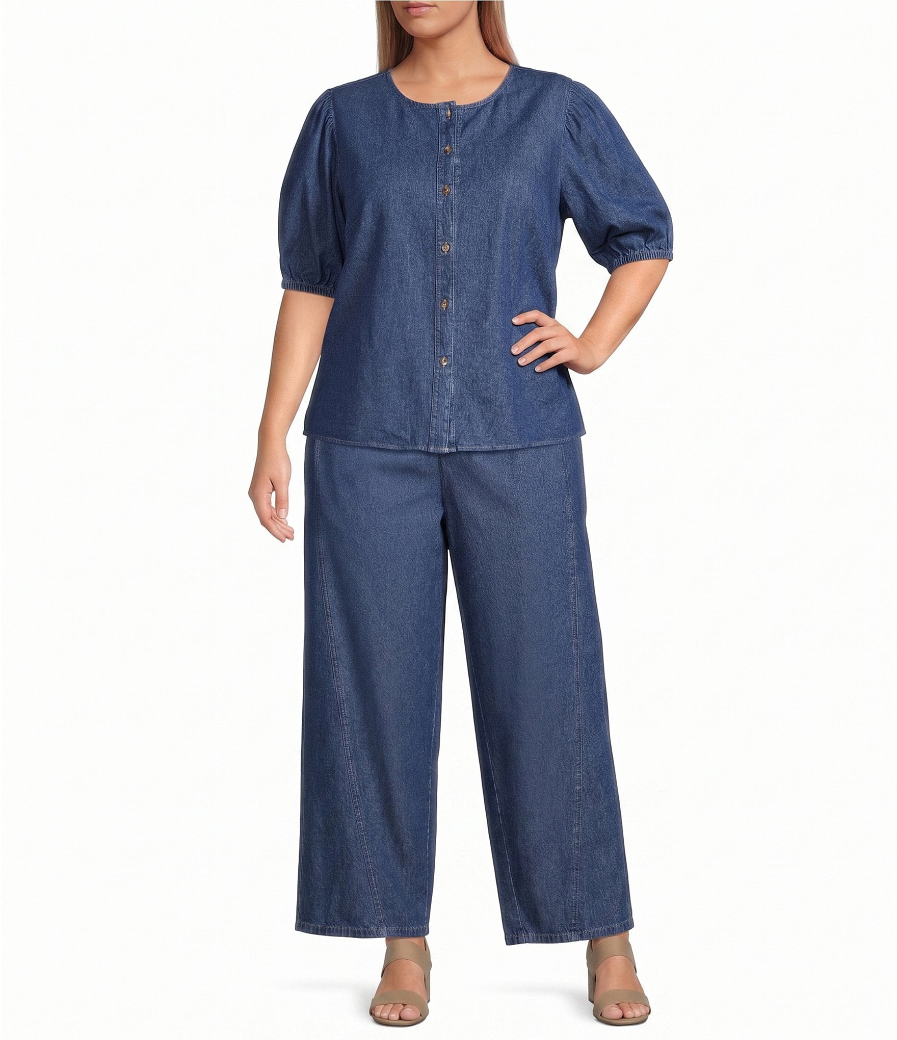 Anne Klein Plus Chambray Button Front Blouse