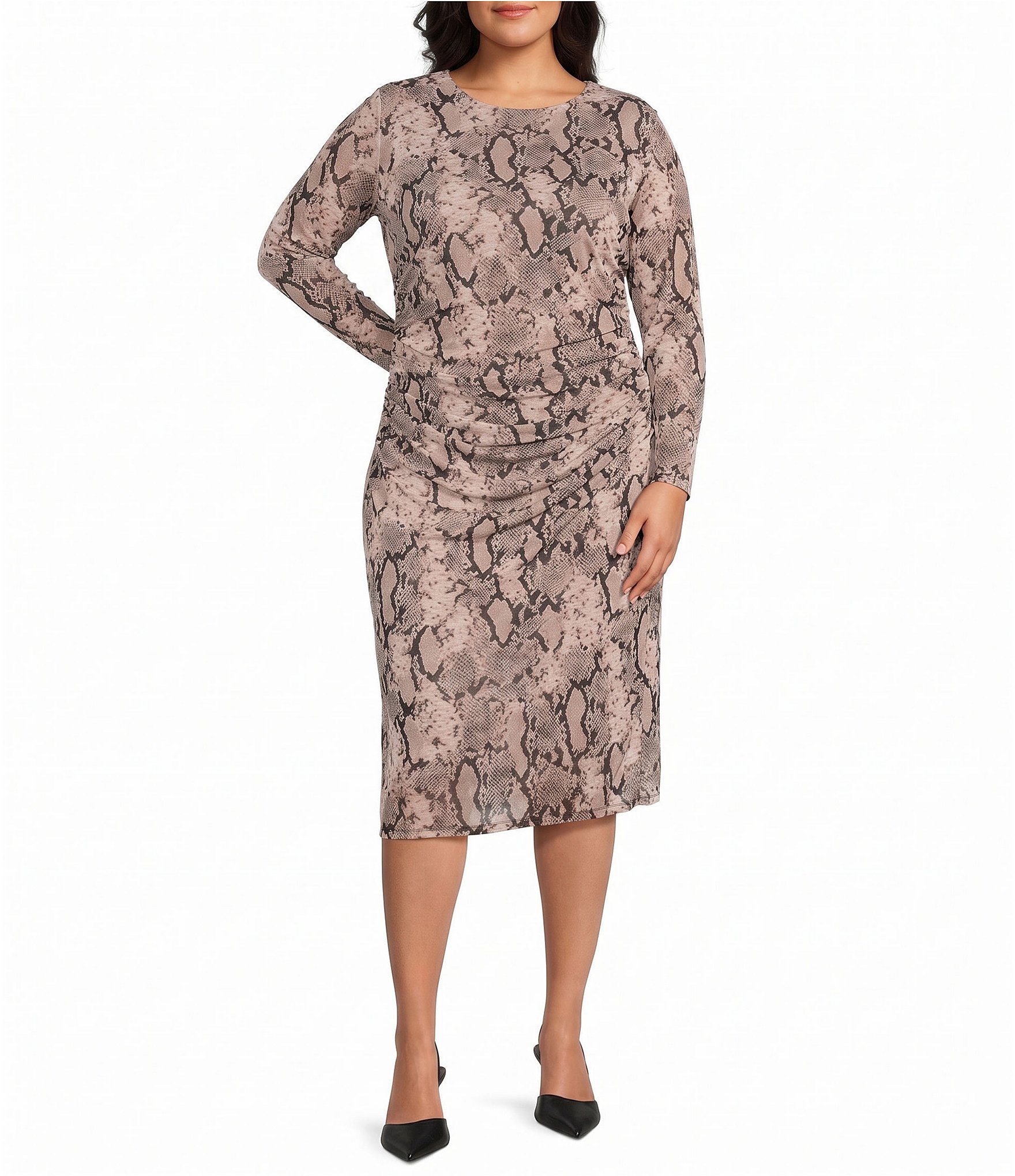 Anne Klein Plus Long Sleeve Snake Print Midi Mesh Dress