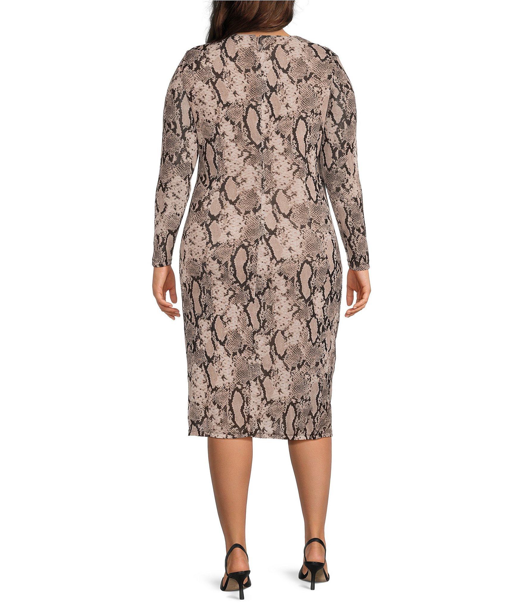 Anne Klein Plus Long Sleeve Snake Print Midi Mesh Dress