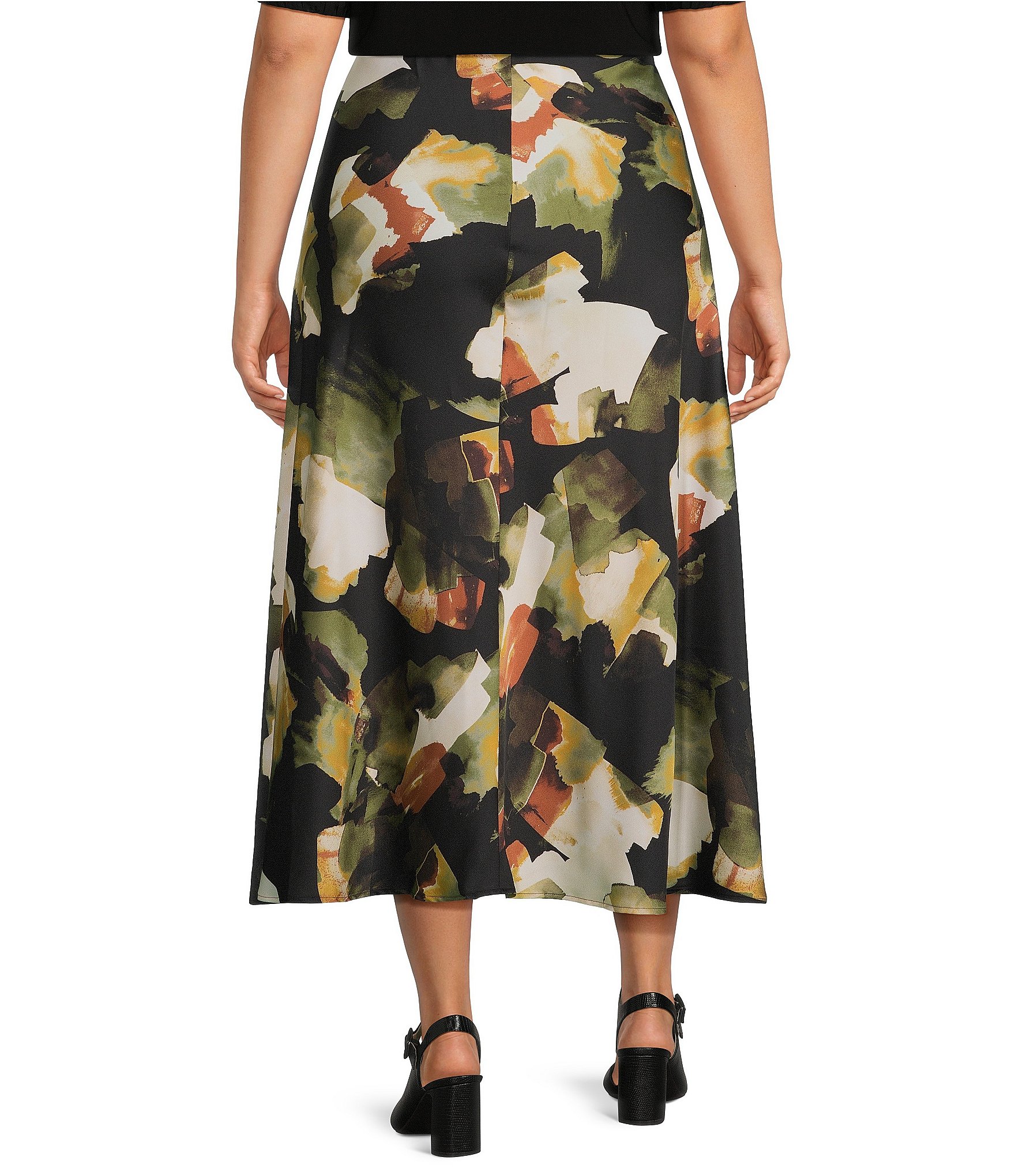 Anne Klein Plus Size Printed Satin Flare Skirt