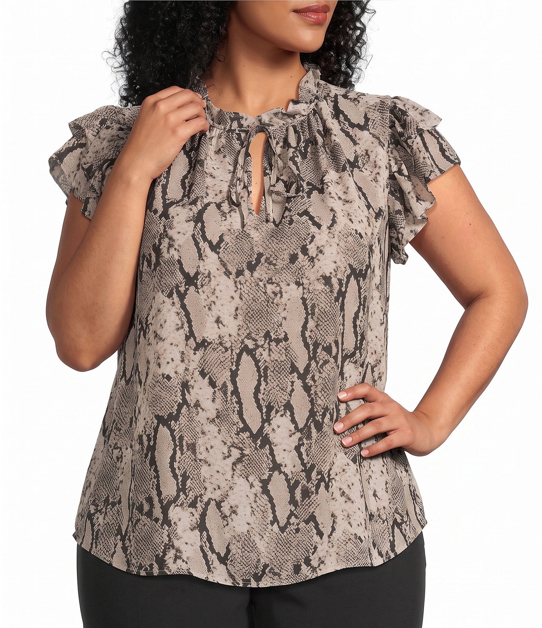 Anne Klein Plus Ruffle Sleeve Chiffon Printed Blouse