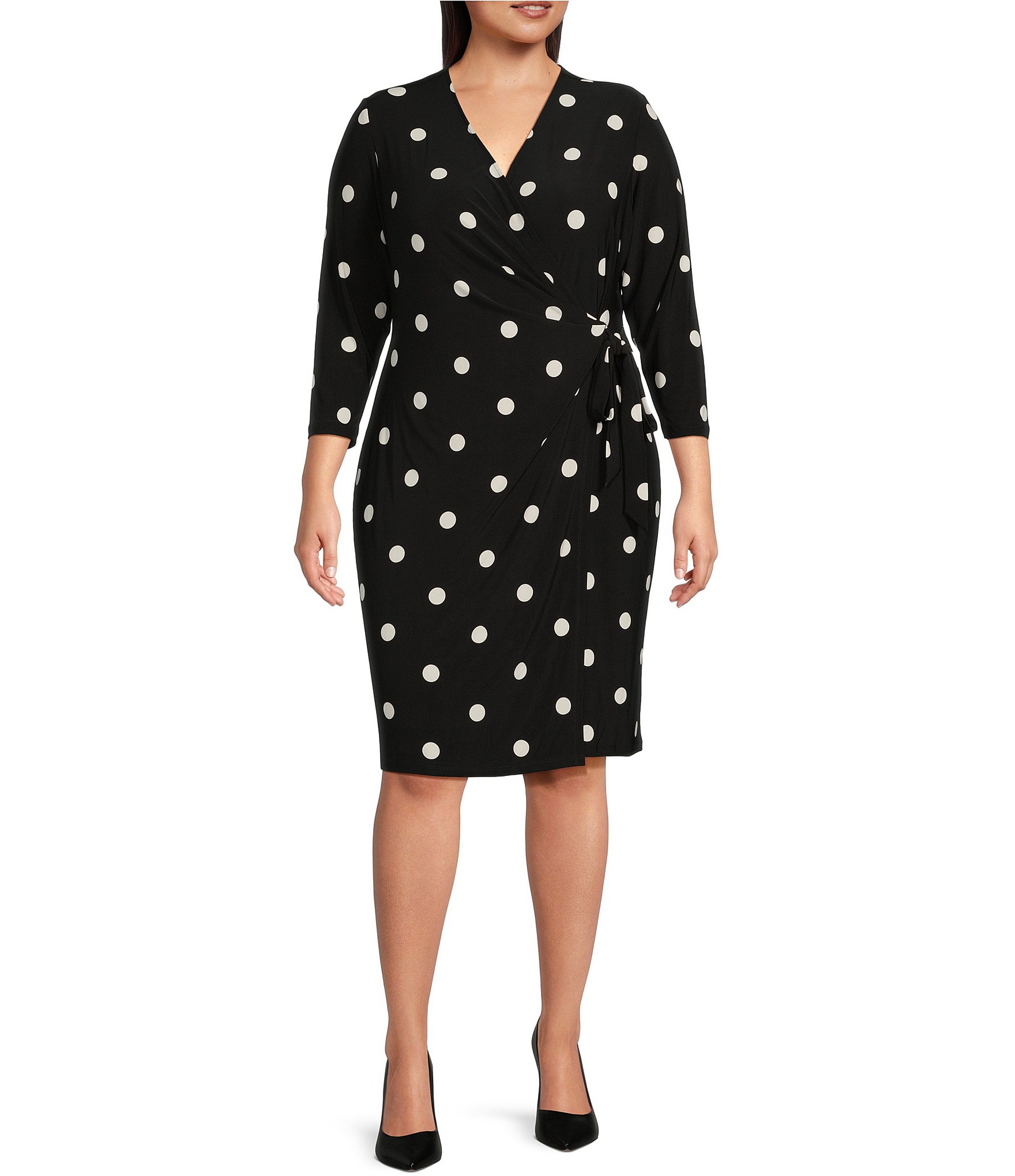 Anne Klein Plus Size Dotted Print V-Neck 3/4 Sleeve Faux Wrap Dress ...