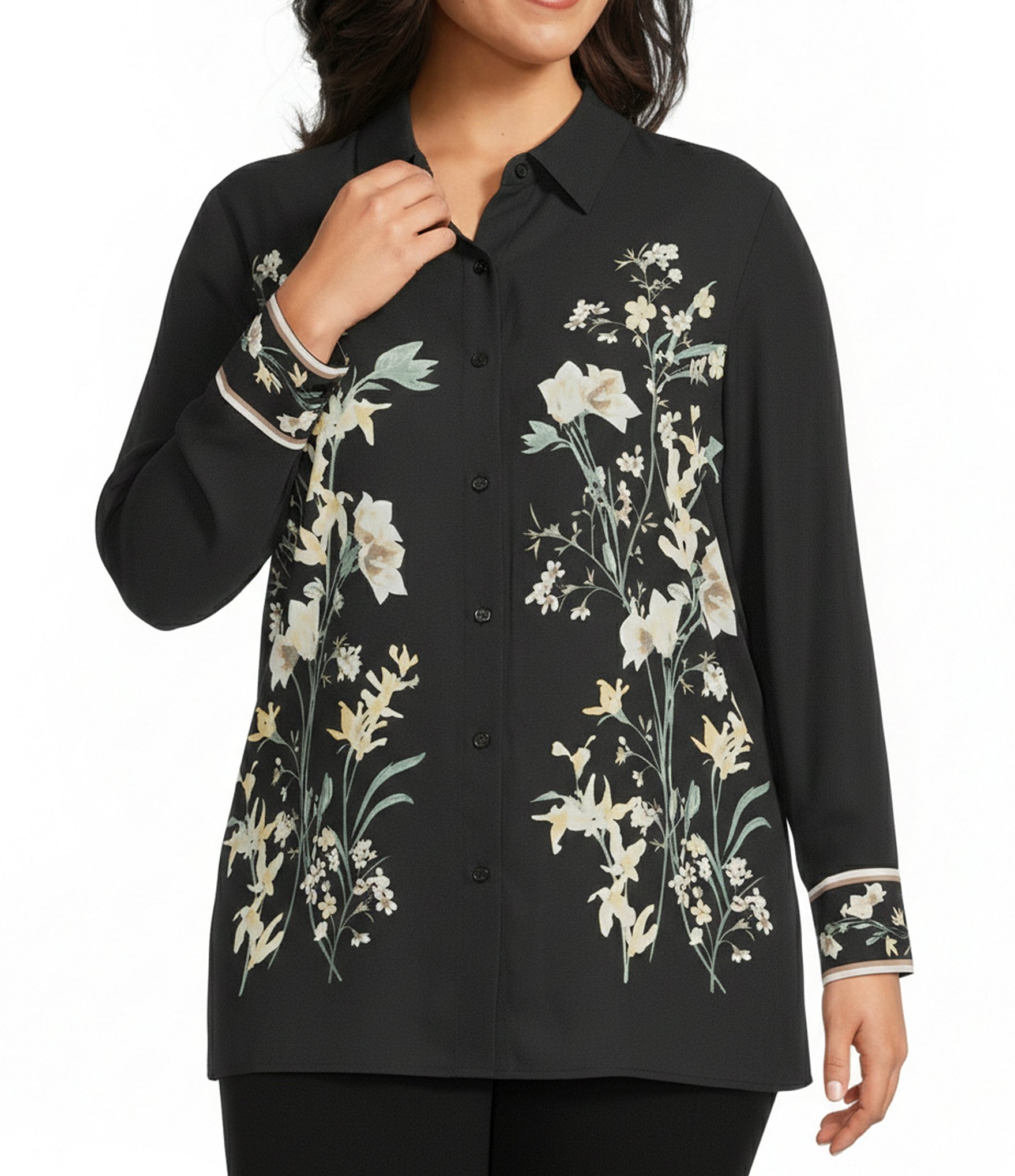 Anne Klein Plus Size Printed Long Sleeve Button Down Shirt