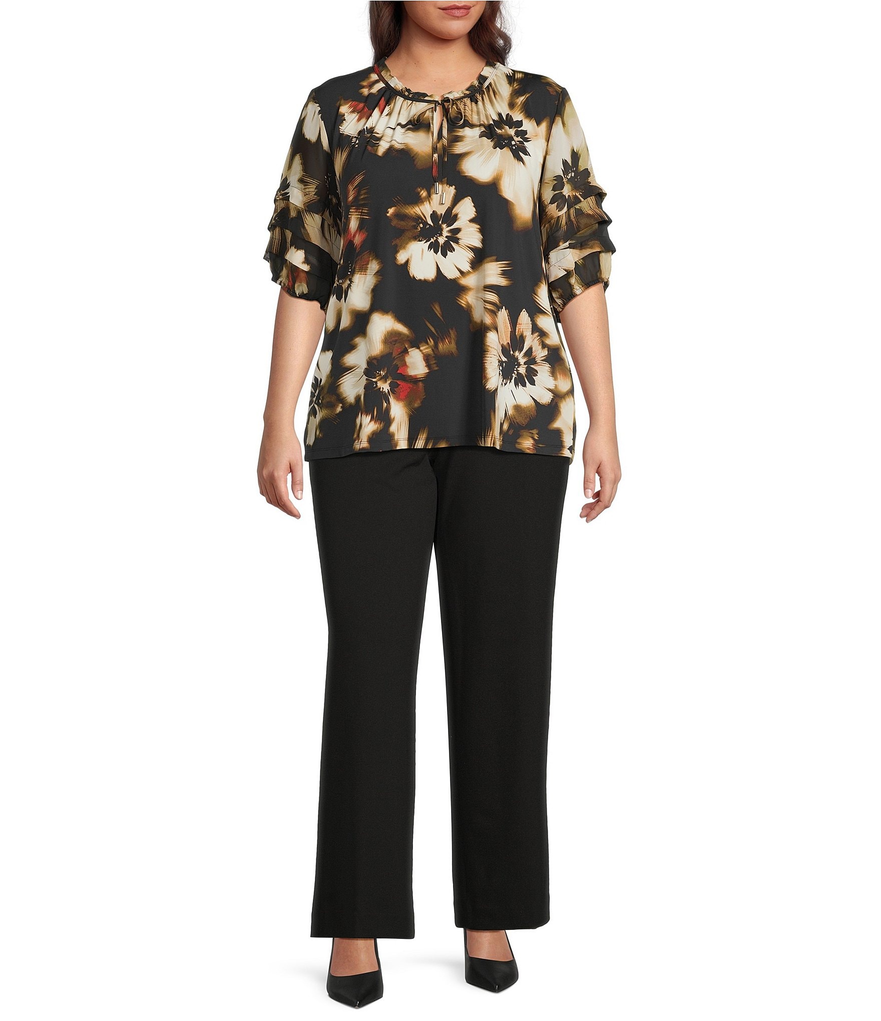 Anne Klein Plus Size Ruffle Split Neck Layered Elbow Sleeve Blouse
