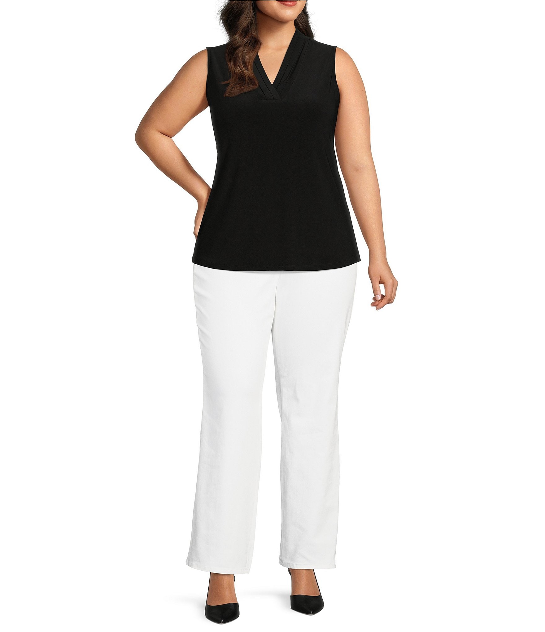 Anne Klein Plus Size Sleeveless Jersey Knit Pleated V-Neck Shell