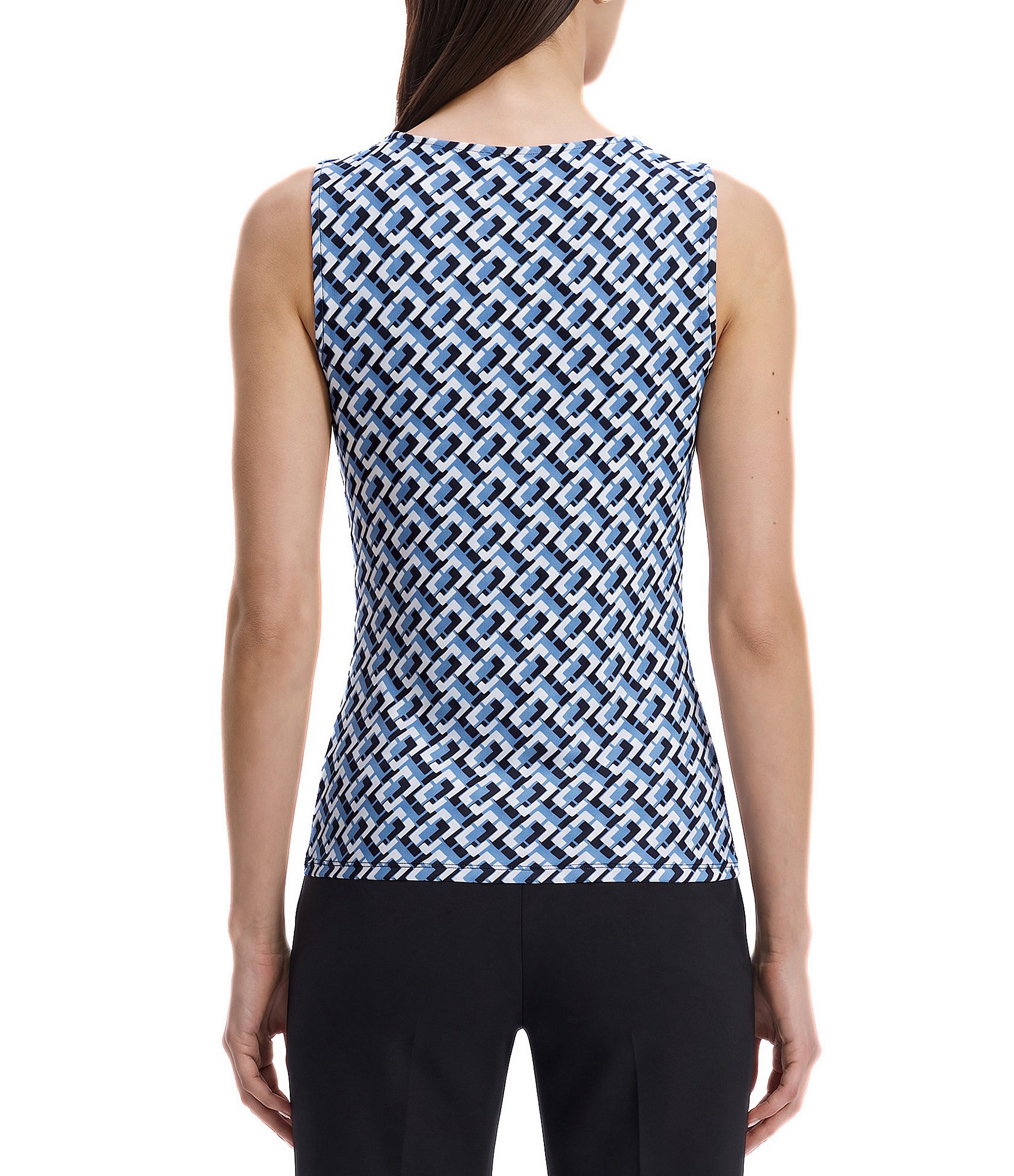 Anne Klein Printed Asymmetrical Pleated Neck Sleeveless Shell Top