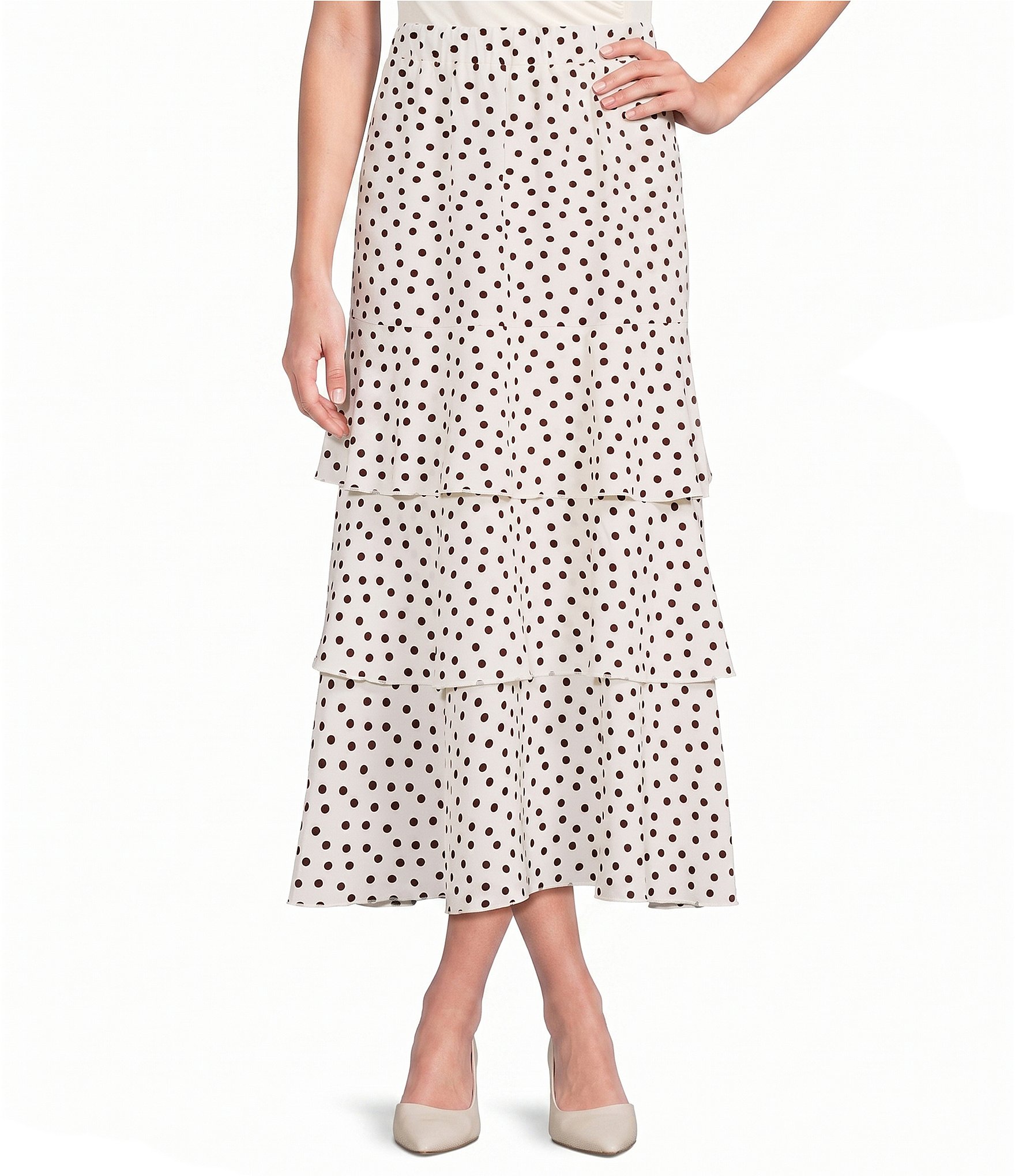 Anne Klein Pull On Tier Dotted A-Line Maxi Skirt
