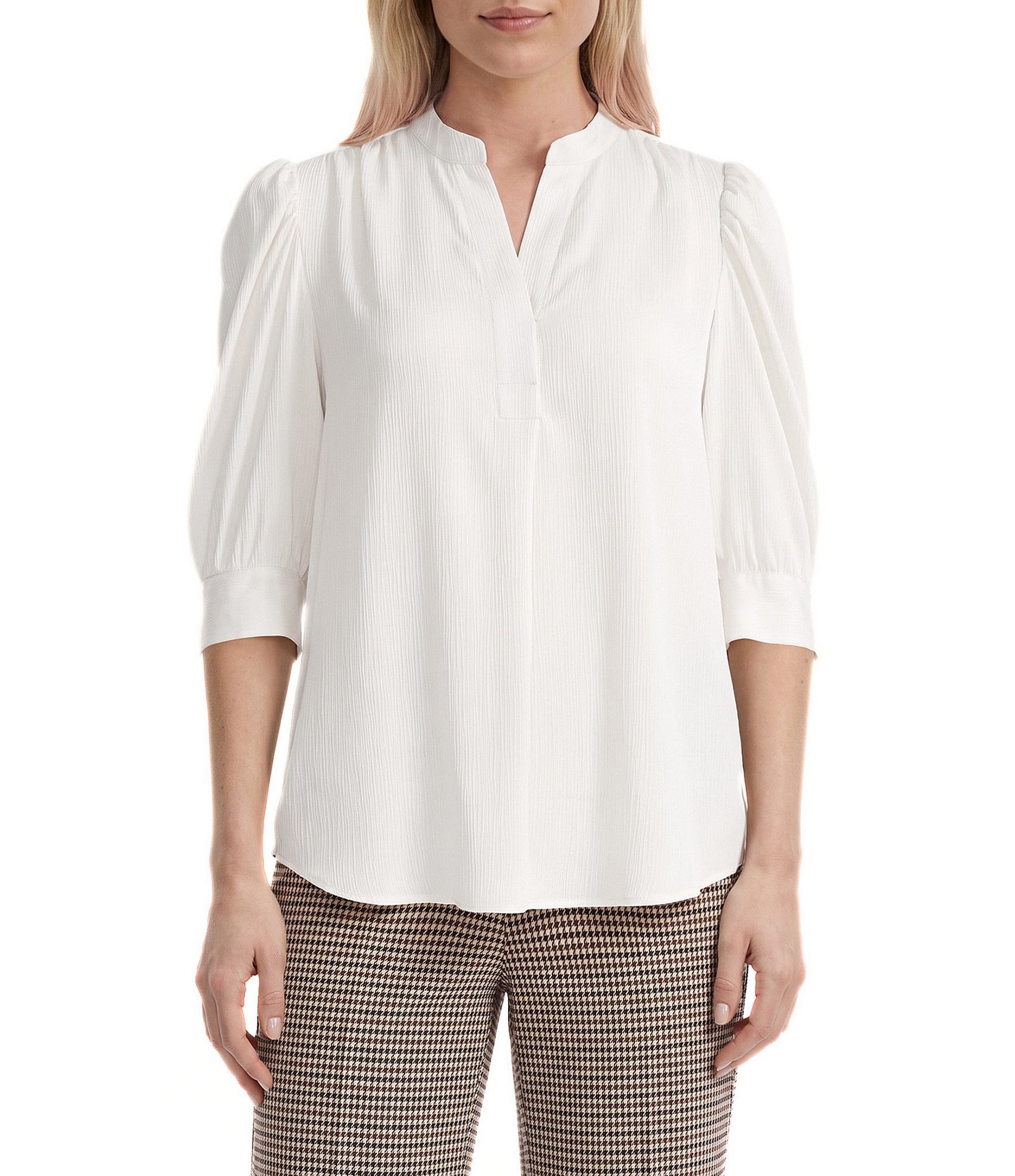 Anne Klein Satin Yoryu Y-Neck Puff Sleeves Pullover Blouse