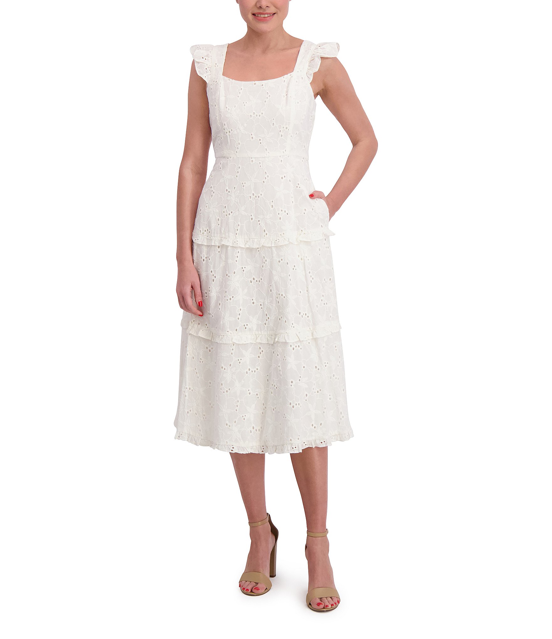 Anne Klein Scoop Neck Ruffle Shoulder Tiered Cotton Eyelet Midi Dress