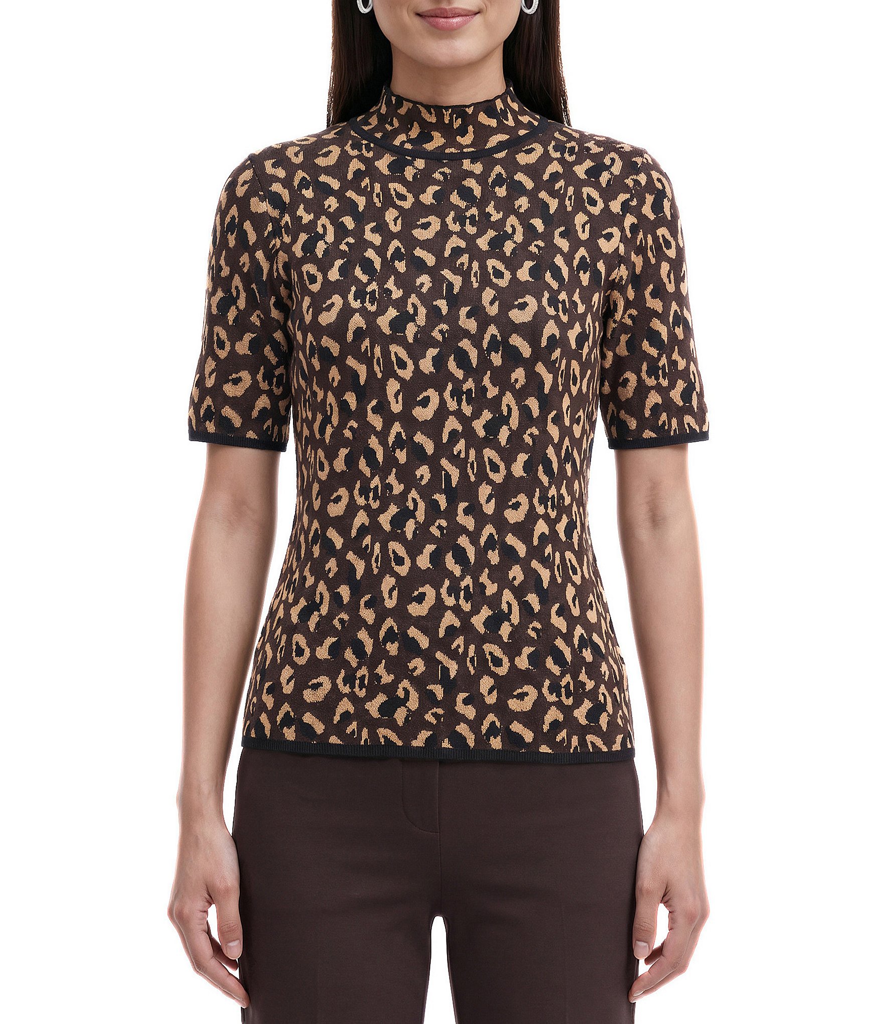 Anne Klein Short Sleeve Animal Jacquard Mock Neck