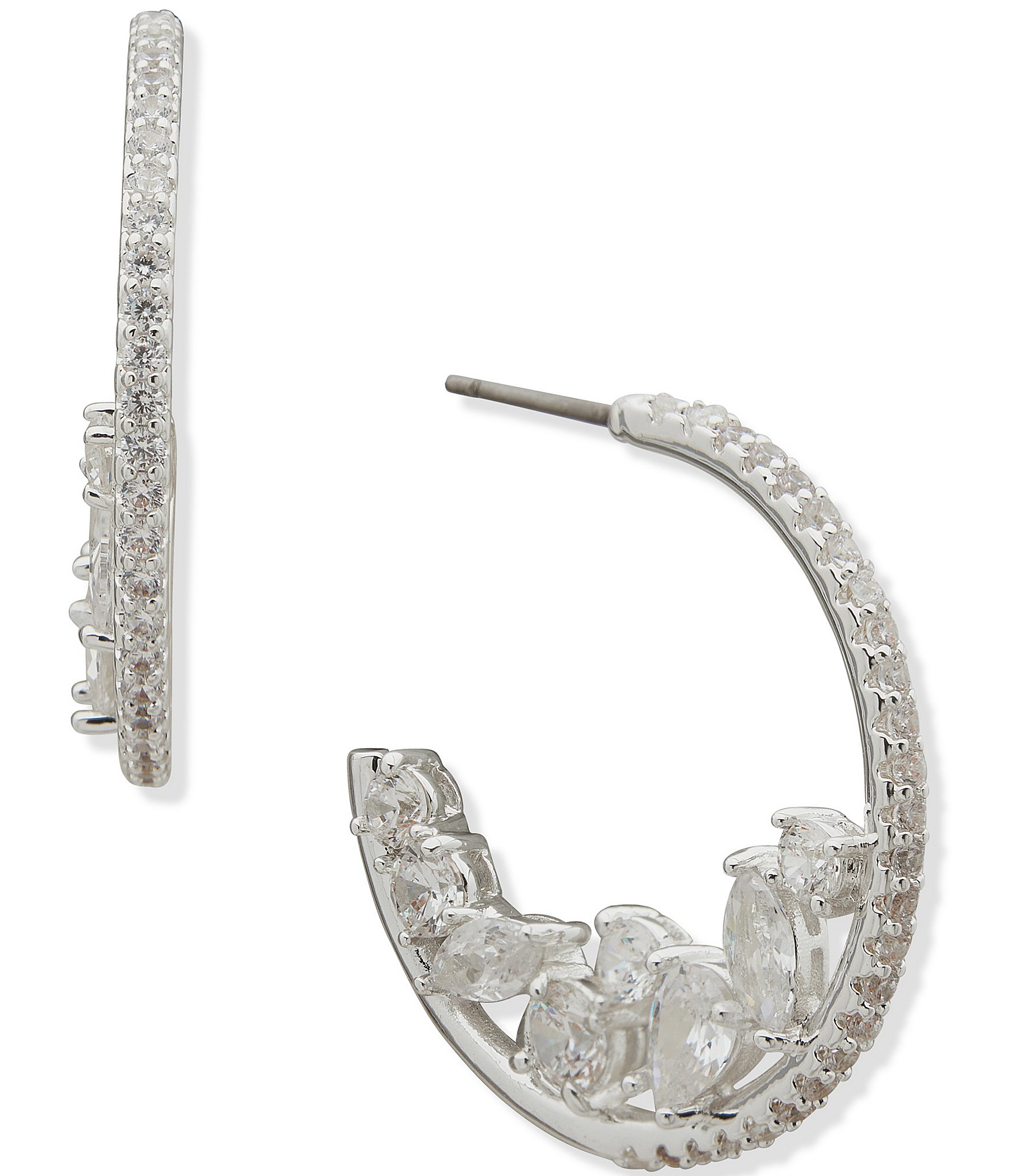 Anne Klein Silver Tone CZ Cluster Pave Stone Hoop Earrings