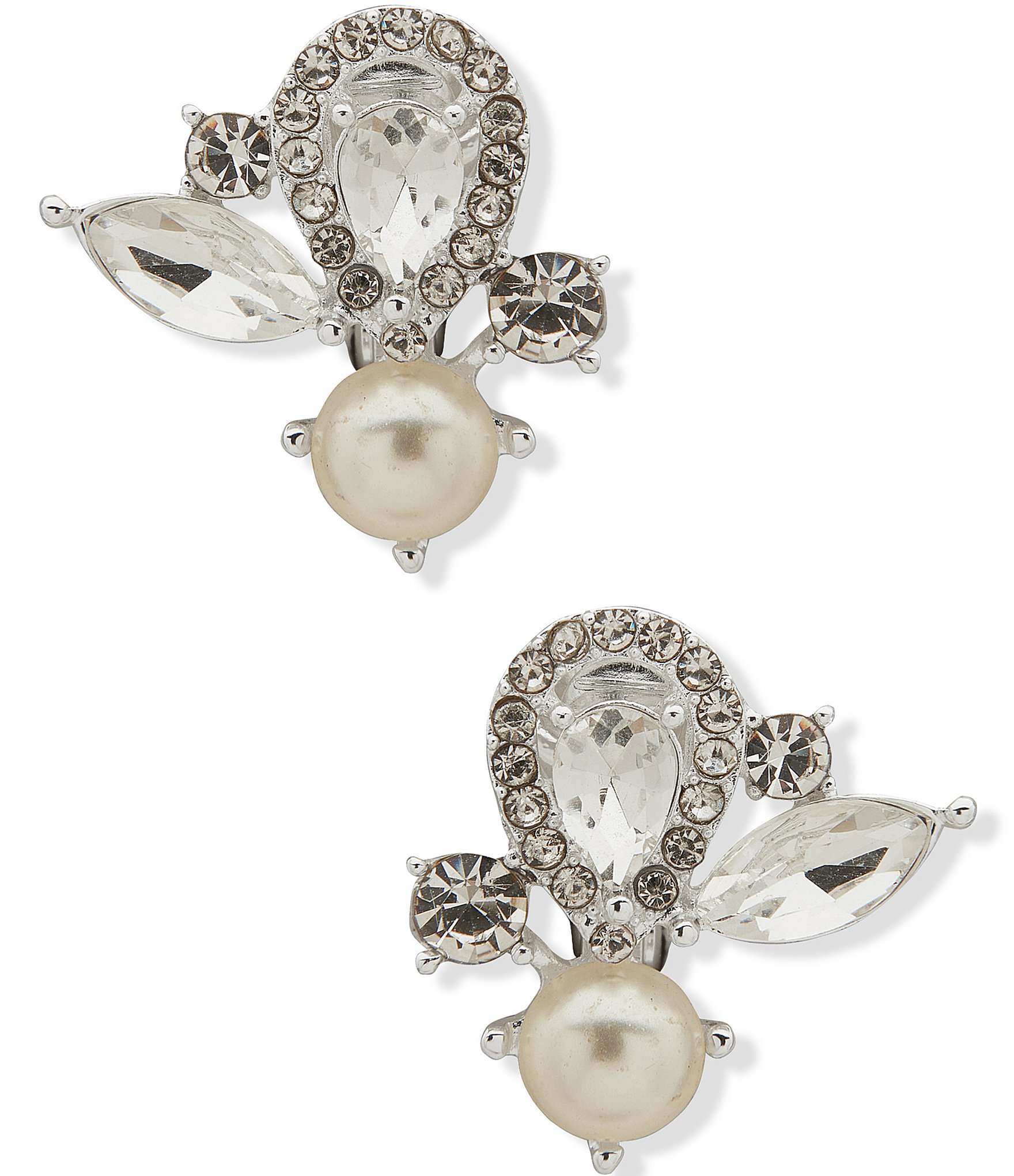 Anne Klein Silver Tone CZ White Pearl Cluster Clip Stud Earrings ...