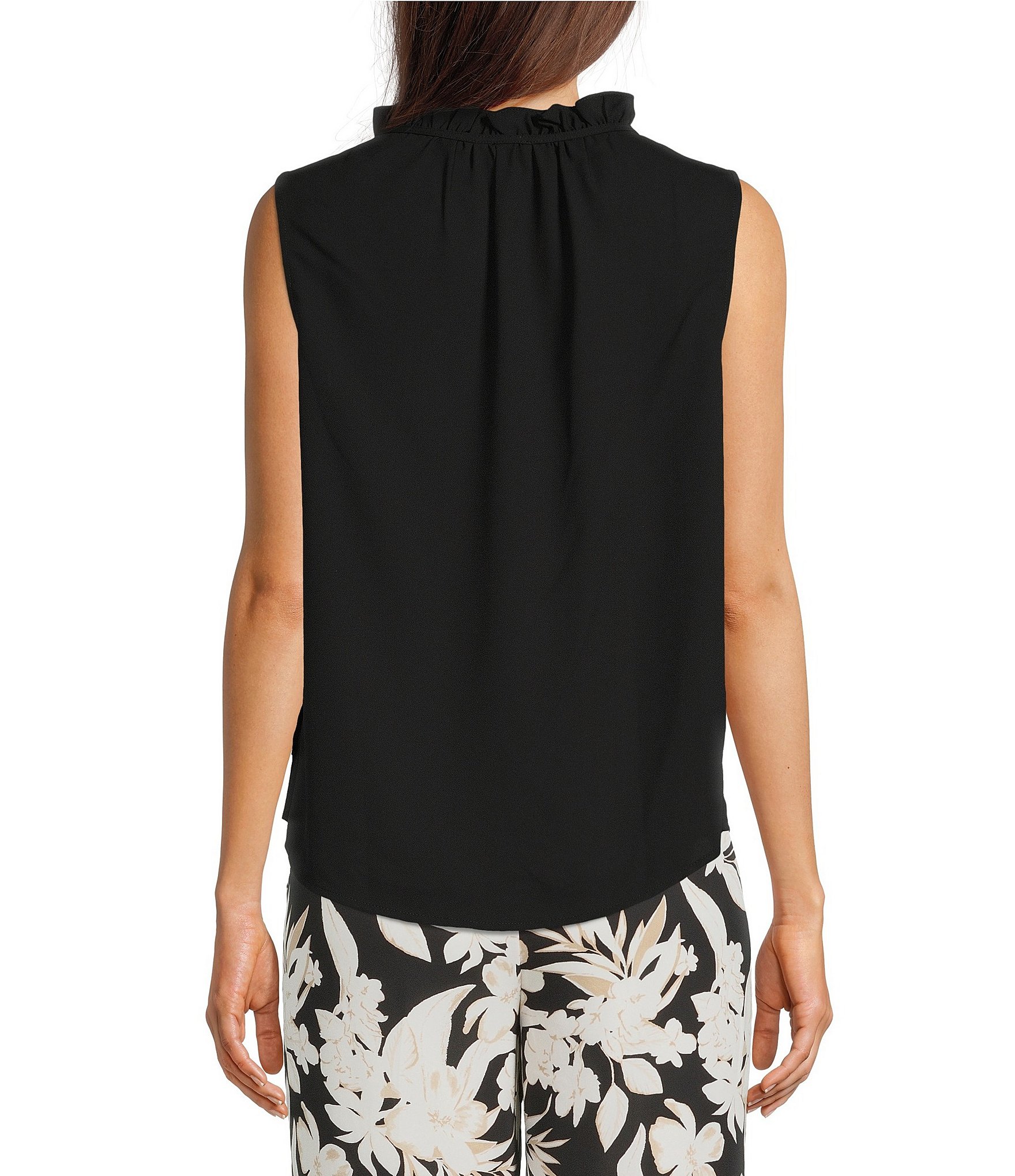 Anne Klein Solid Crepe de Chine Ruffle Tie Collar Sleeveless Tulla Blouse