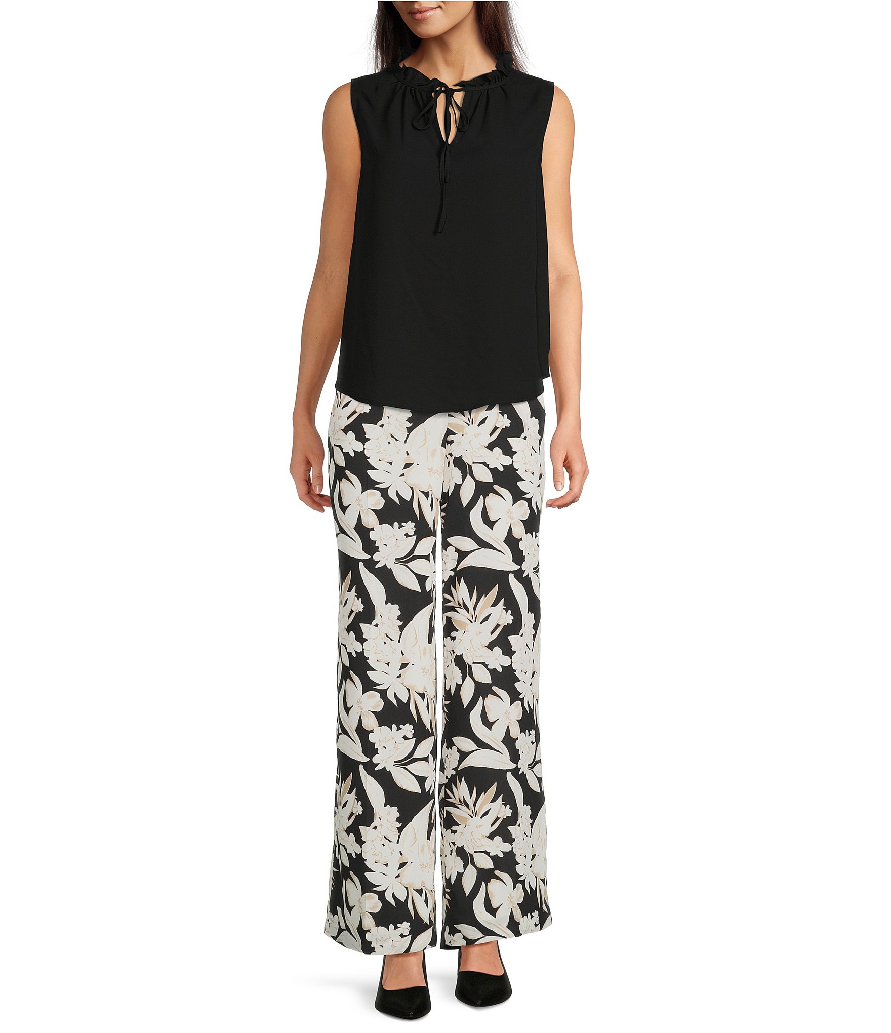Anne Klein Solid Crepe de Chine Ruffle Tie Collar Sleeveless Tulla Blouse