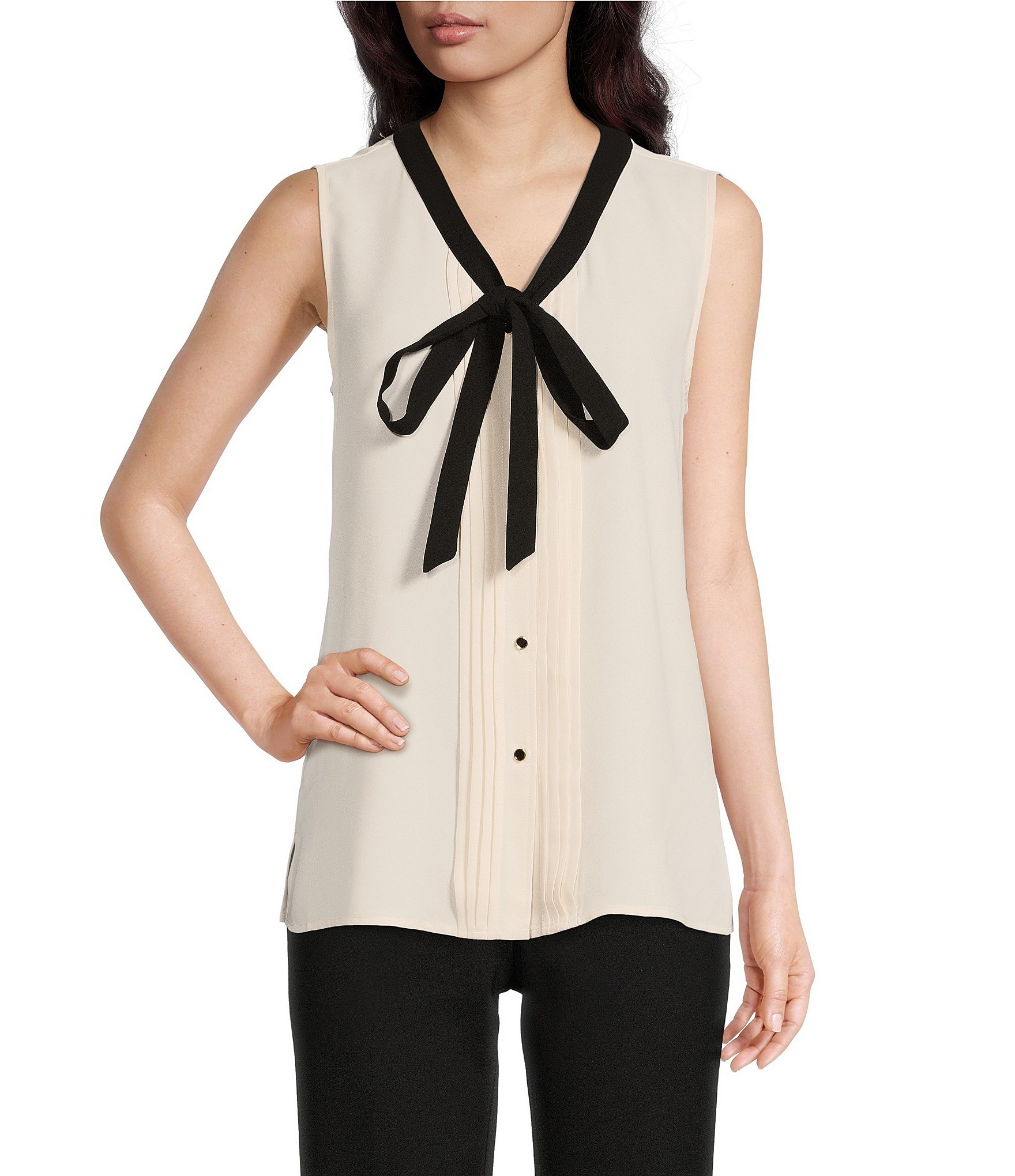Anne Klein Tie V-Neck Sleeveless Button Front Blouse | Dillard's