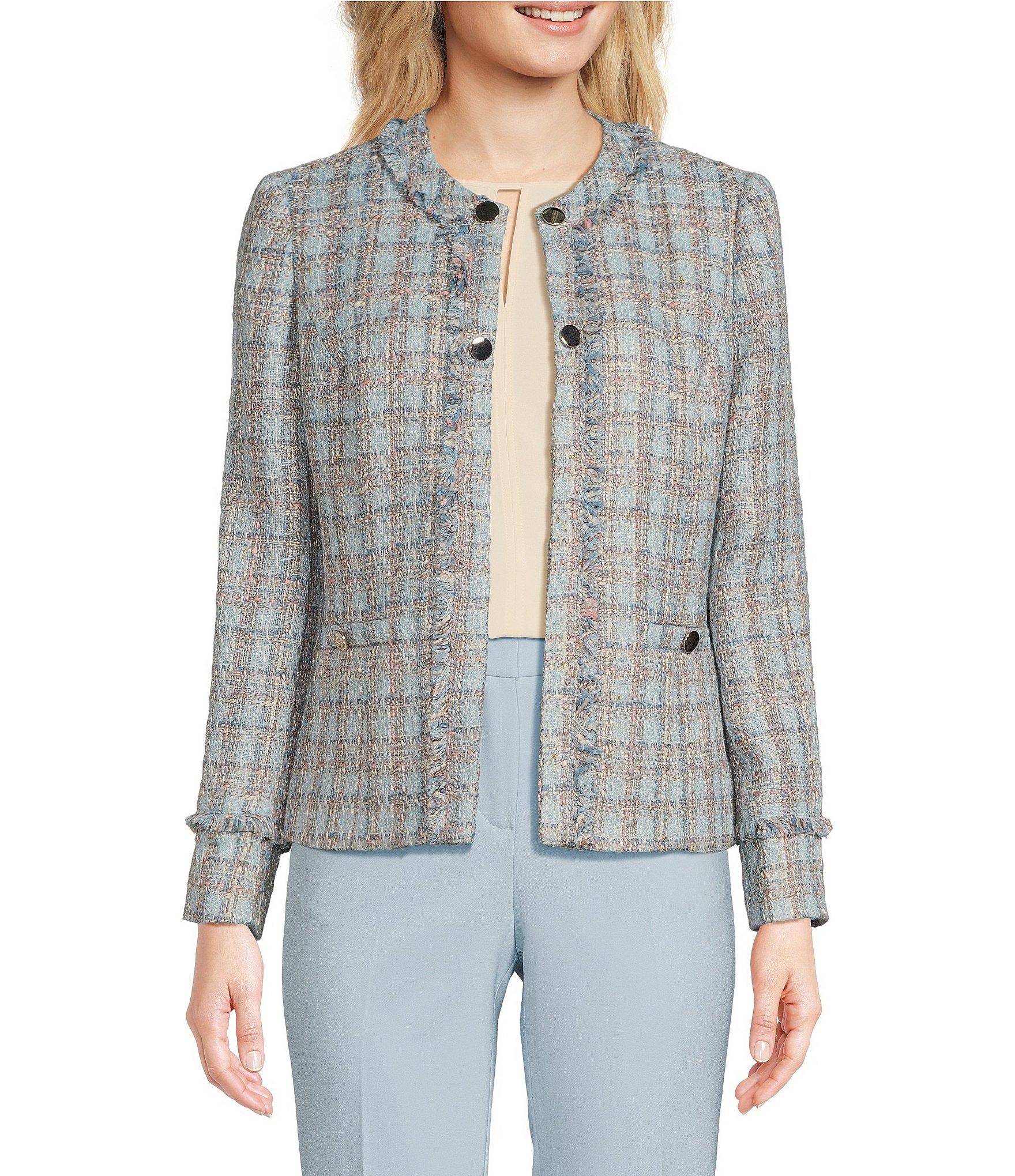 Anne Klein Tweed Round Neck Patch Pocket Long Sleeve Fringe Jacket ...