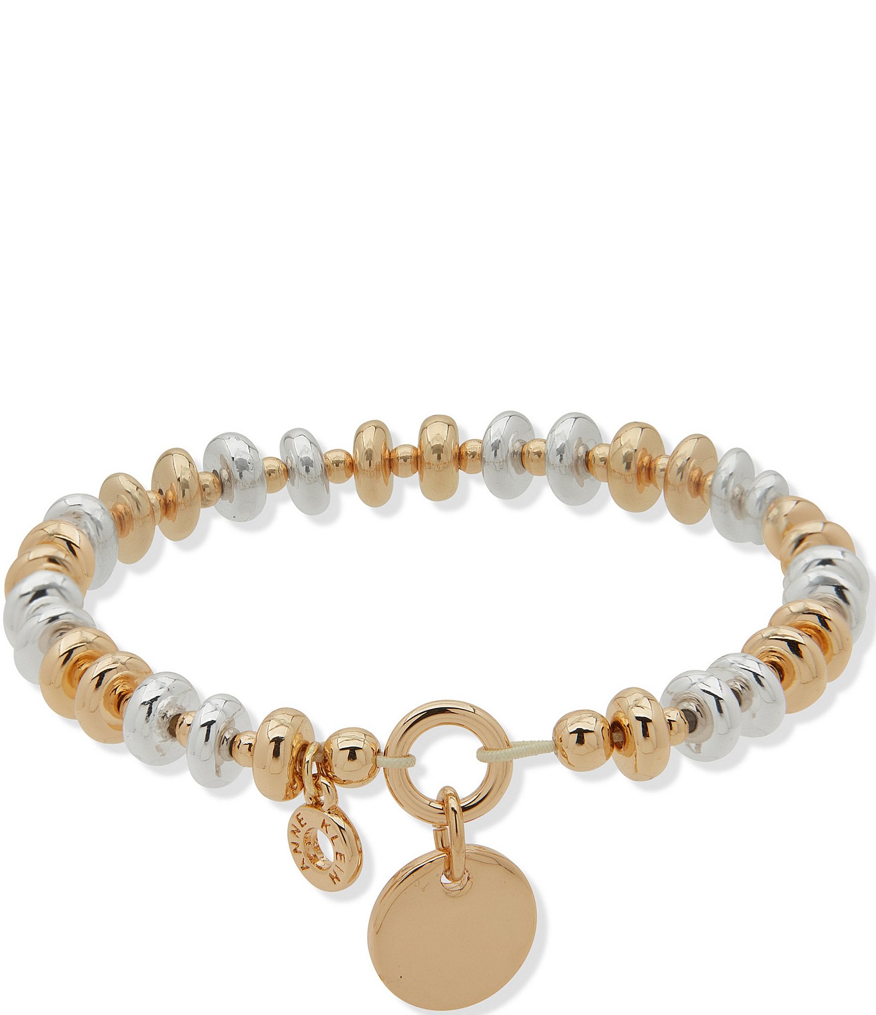 Anne Klein Two Tone Beaded Disc Charm Stretch Bracelet