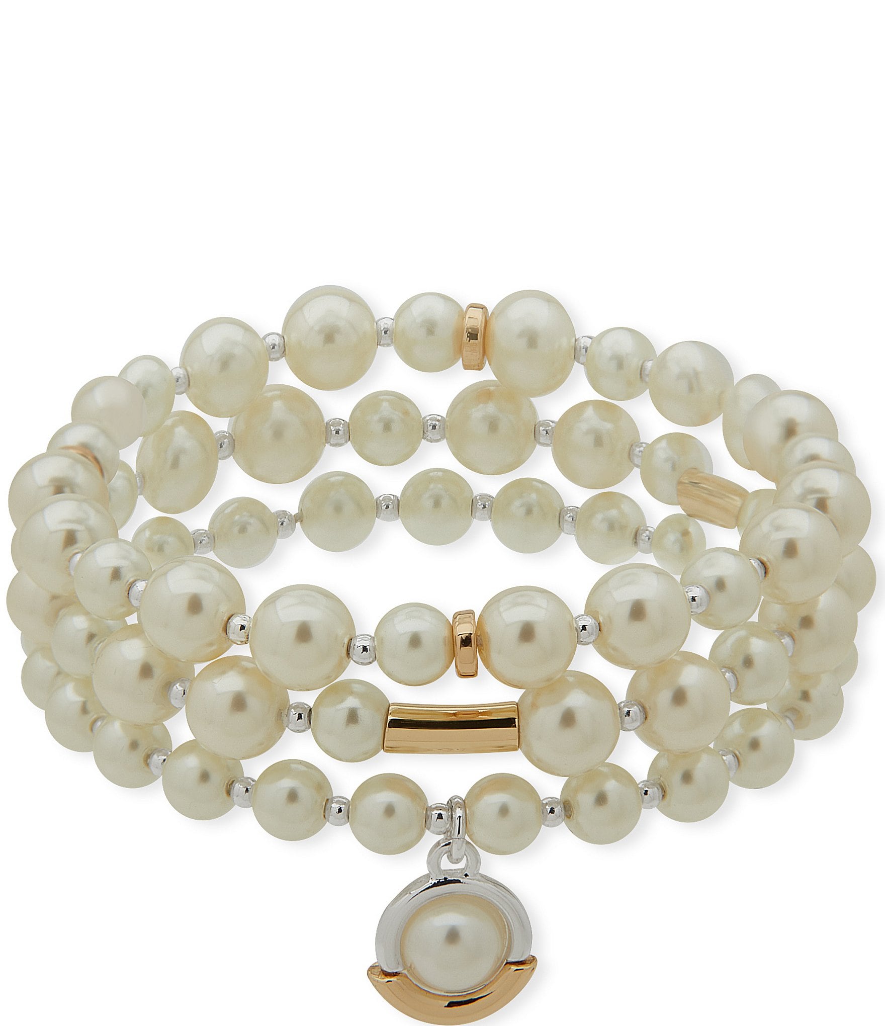 Anne Klein Two Tone White Pearl Beaded Stretch Bracelet Set