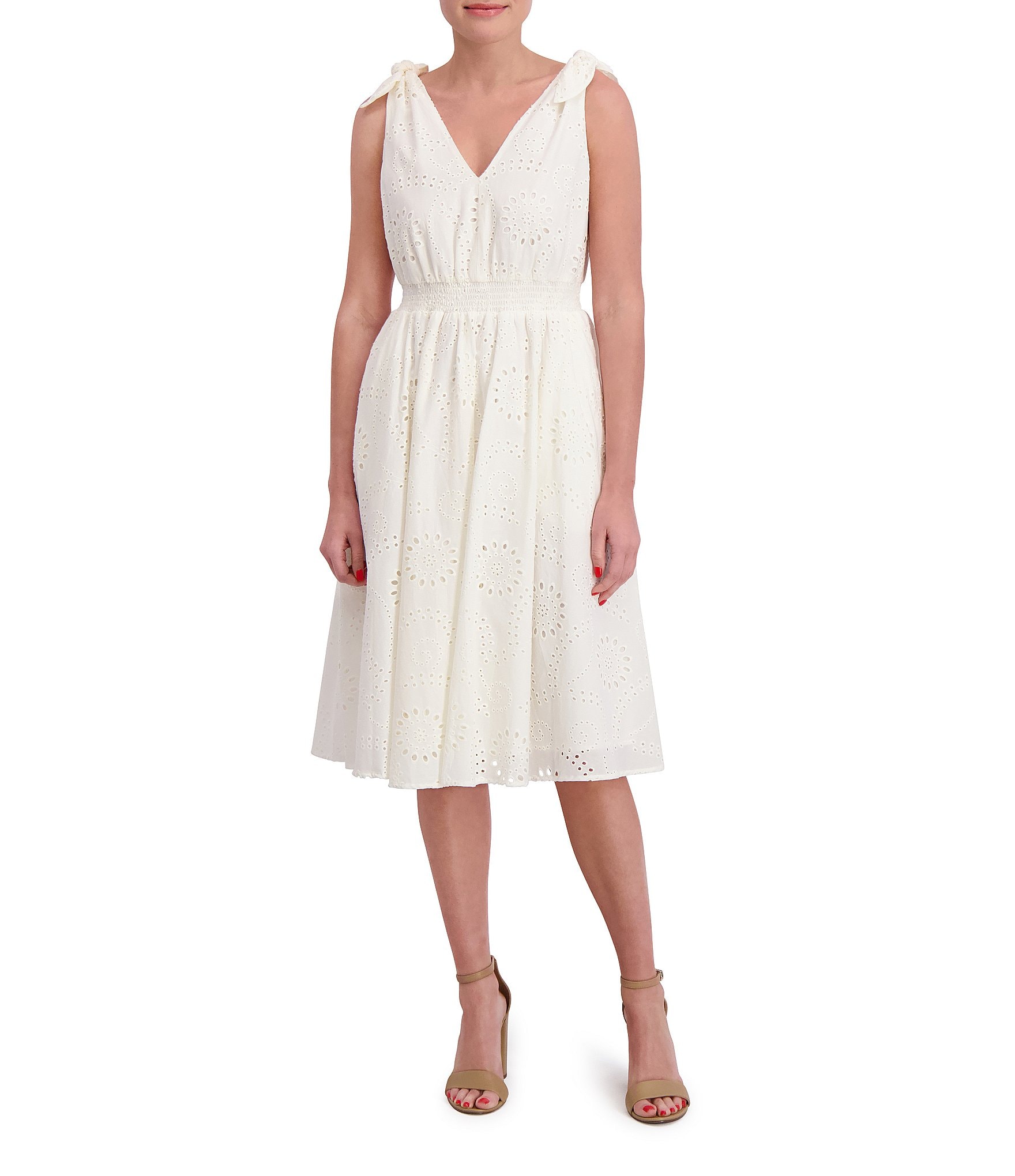 Anne Klein V-Neck Bow Shoulder Smocked Waist Cotton Eyelet Midi Dress