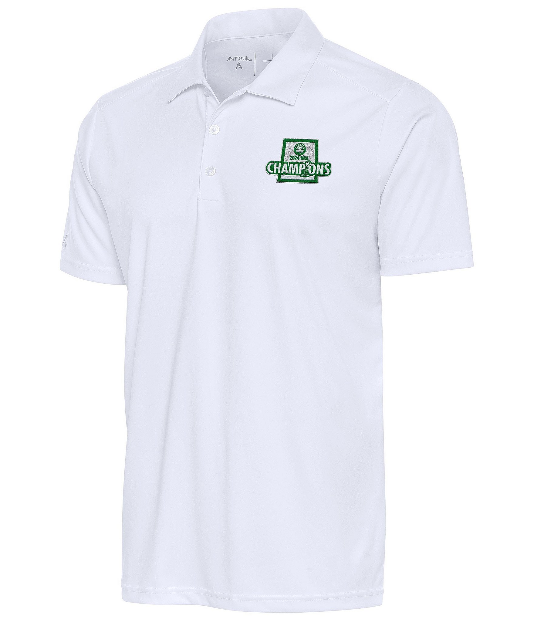 Antigua NBA Boston Celtics 2024 World Champions Tribute Short Sleeve Polo Shirt Mens S White