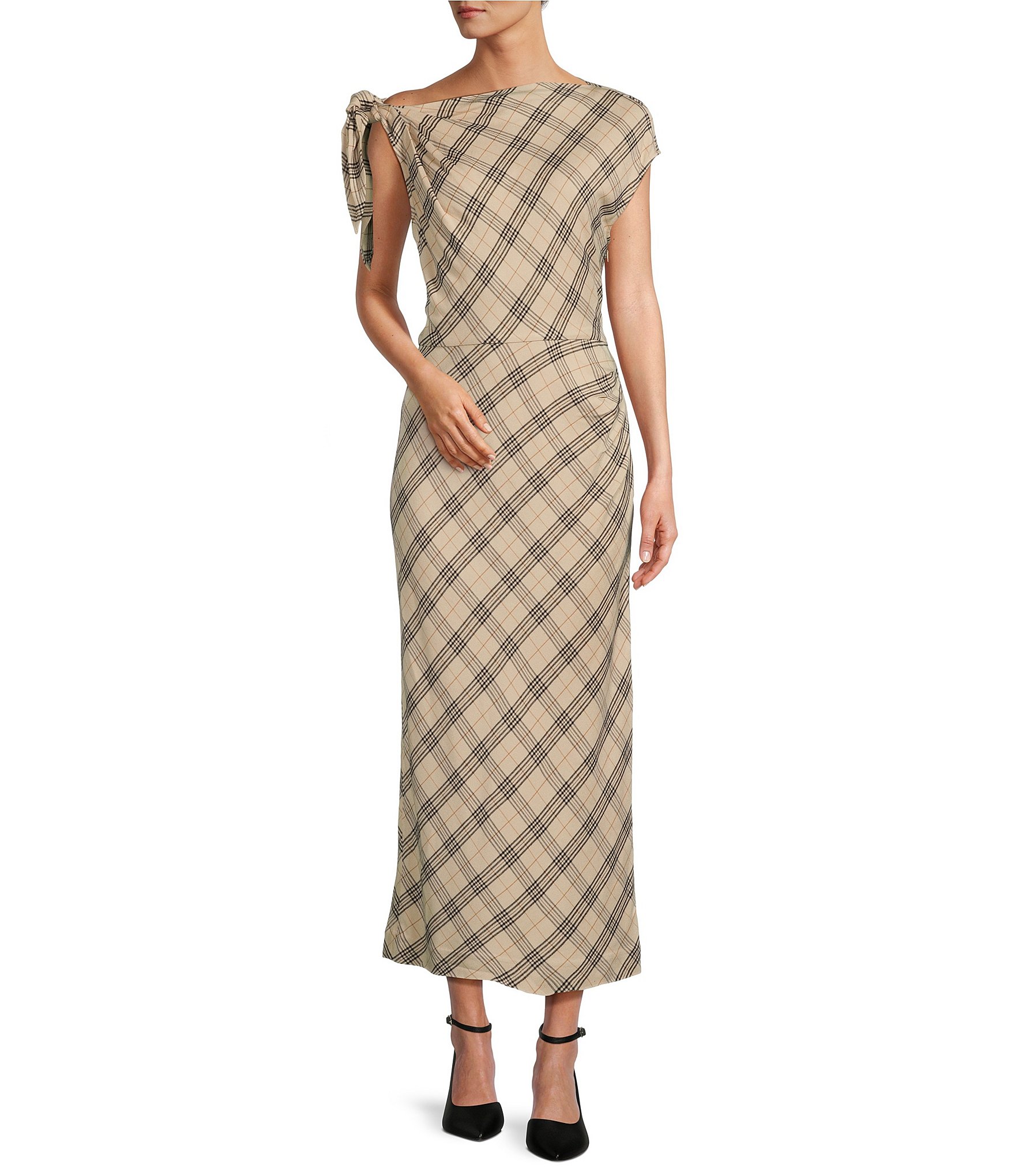 Antonio Melani Addison Plaid Print Short Sleeve Sheath Midi Dress ...