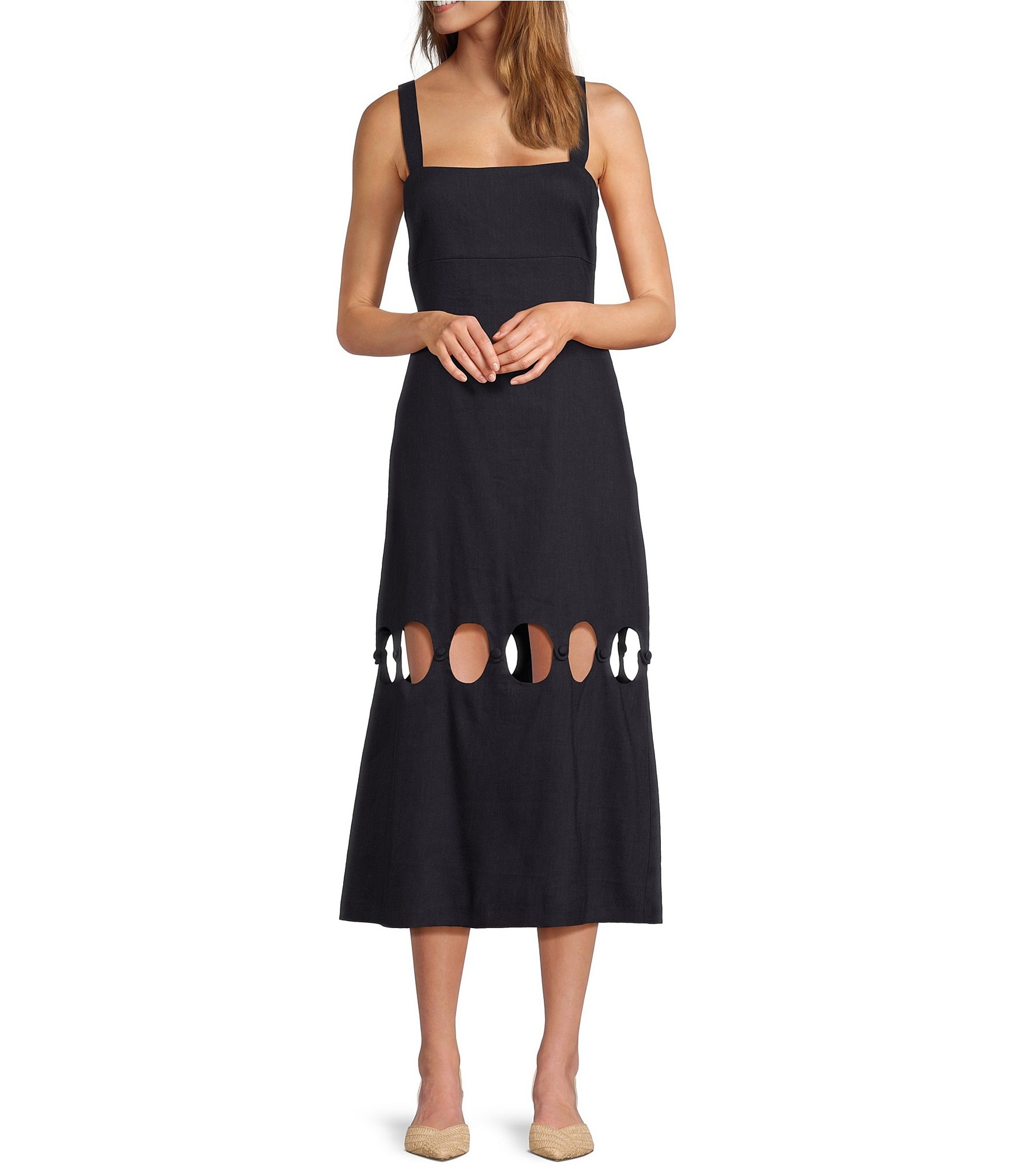 Antonio Melani Amalia Linen Blend Square Neck Sleeveless Circle Cut Out Sheath Midi Dress 7546