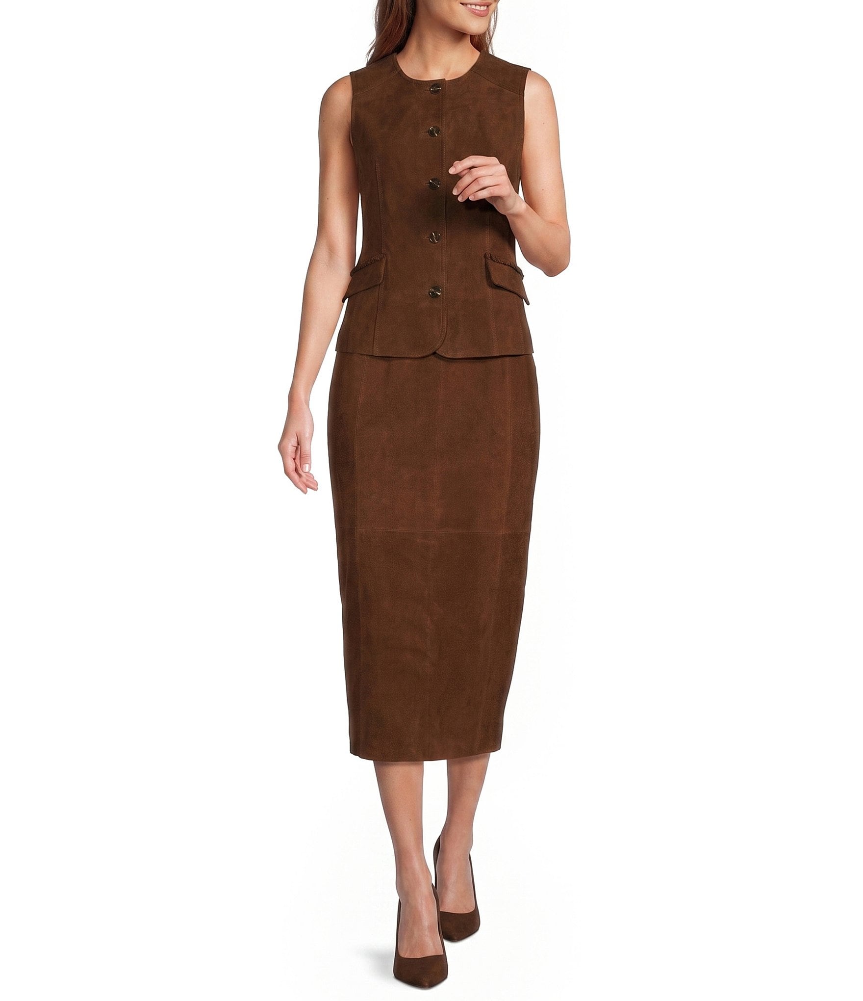 Antonio Melani Amelia Genuine Suede High Rise Flat Front Pencil Coordinating Maxi Skirt