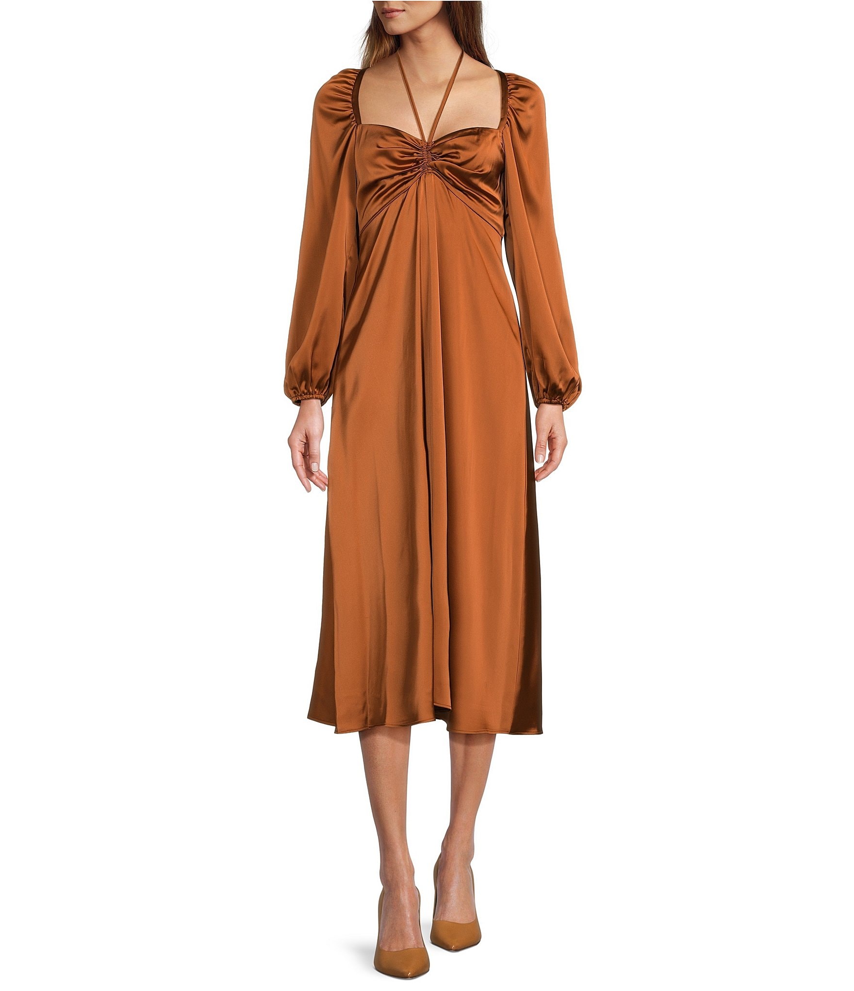 Antonio Melani Bella Satin Halter Neck Long Sleeve Midi Dress | Dillard's