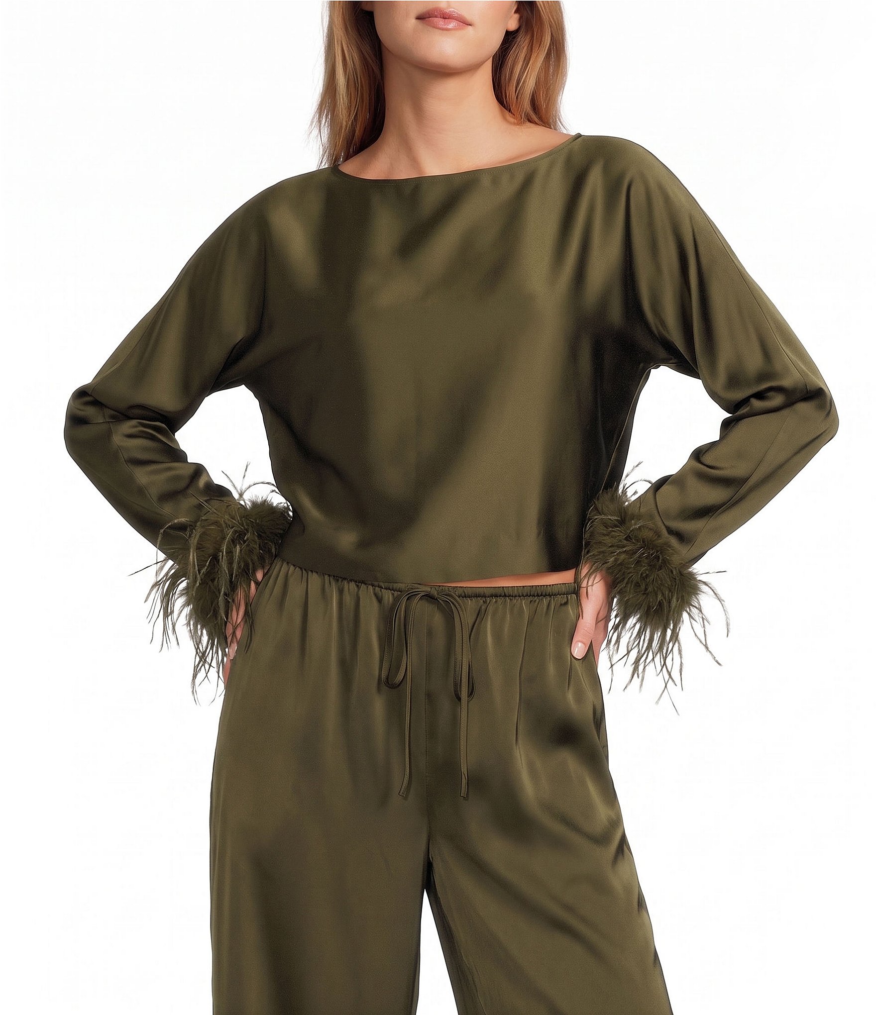 Antonio Melani Blyss Drapey Satin Boat Neck Long Sleeve Feather Cuff Blouse