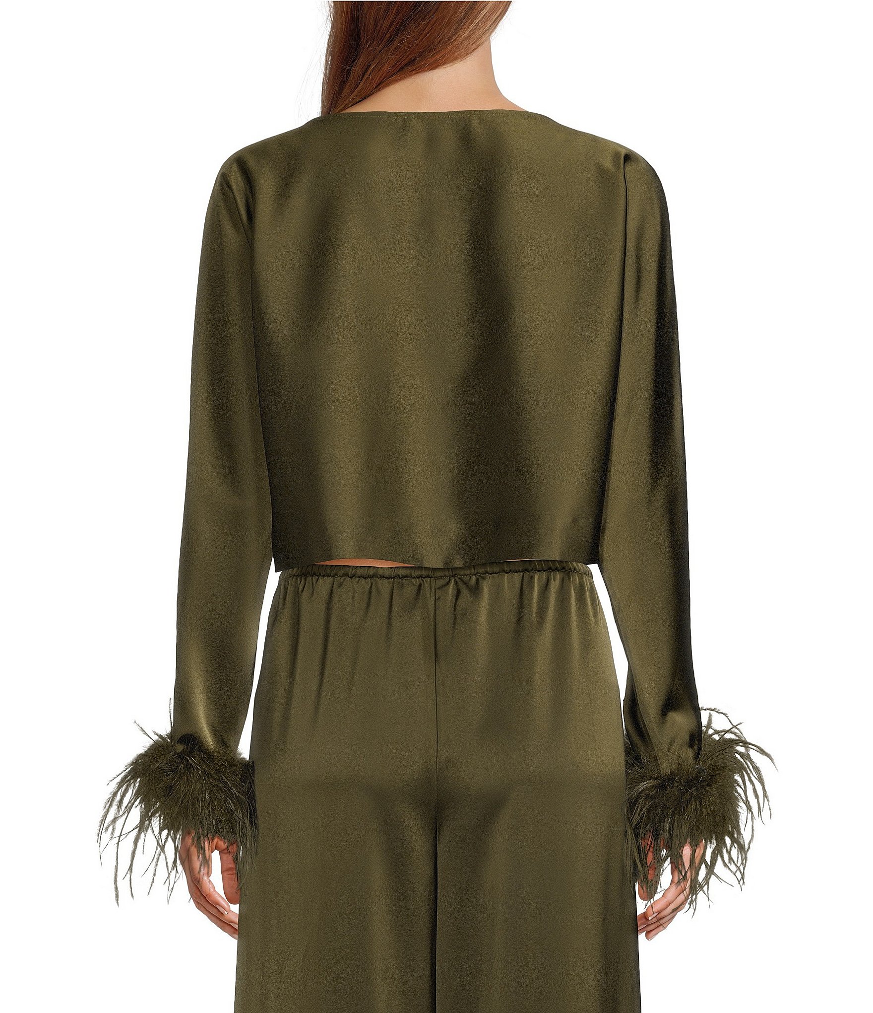 Antonio Melani Blyss Drapey Satin Boat Neck Long Sleeve Feather Cuff Blouse