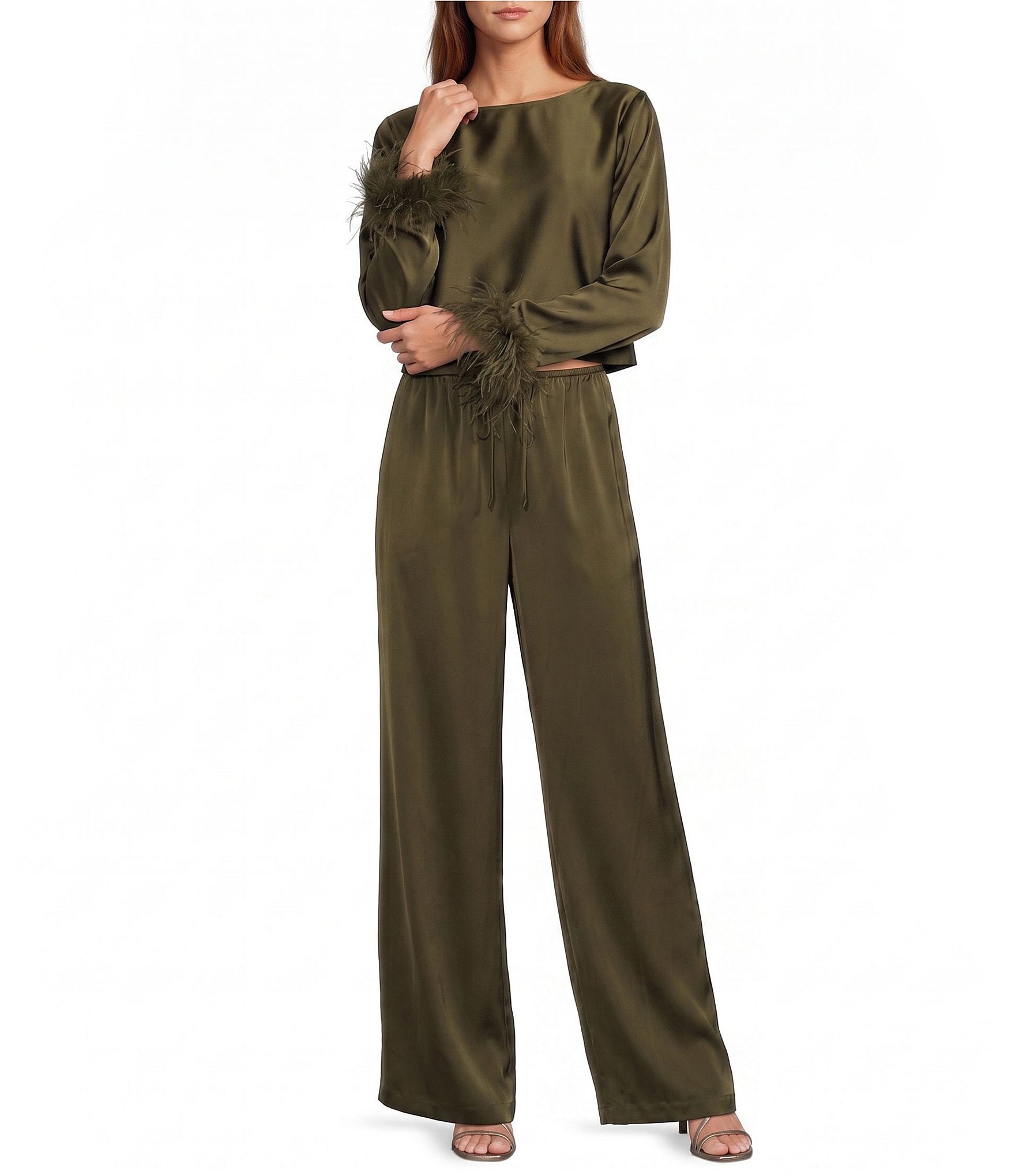 Antonio Melani Blyss Drapey Satin Boat Neck Long Sleeve Feather Cuff Blouse