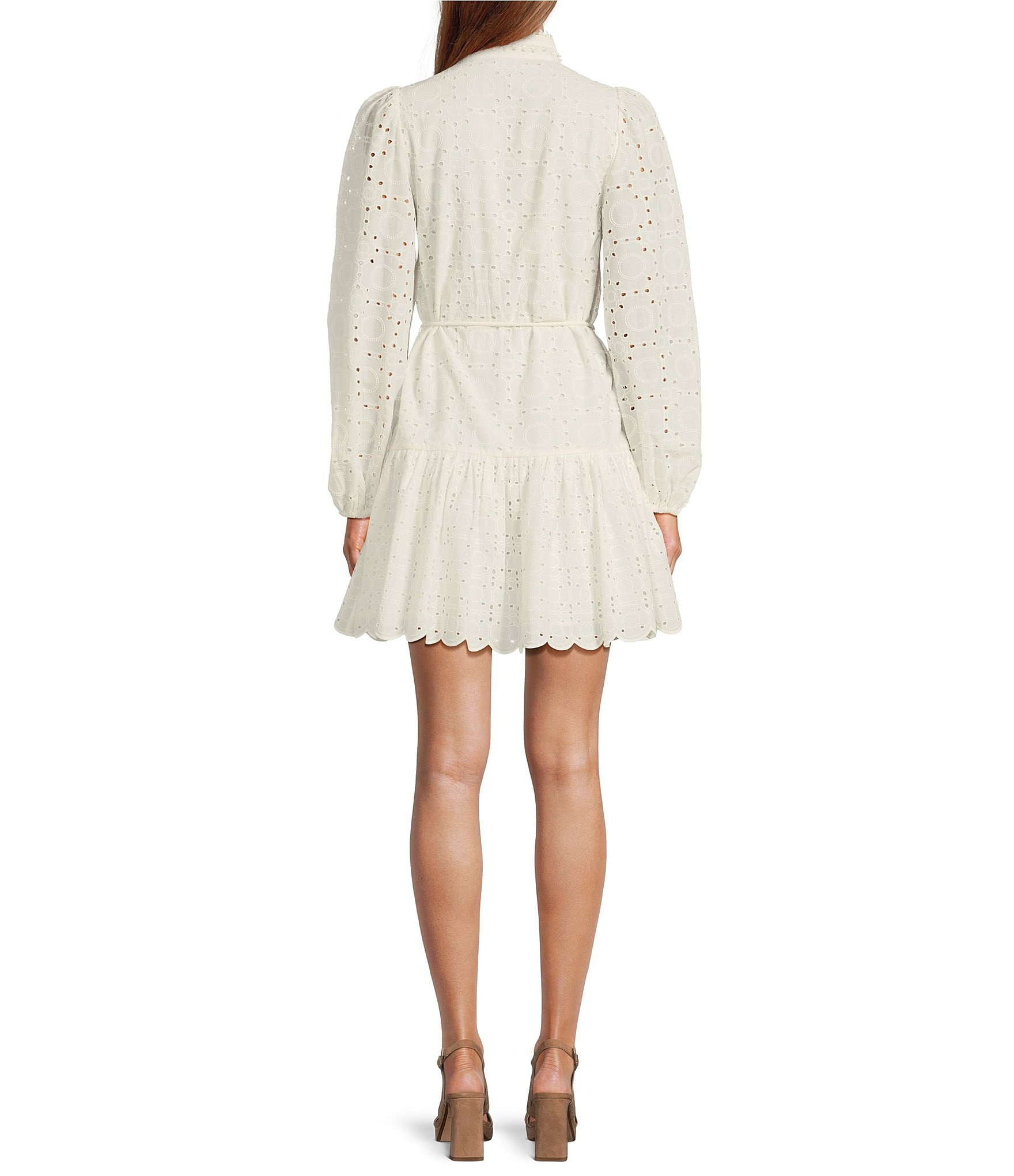 Antonio Melani Brynn Eyelet Mock Neck Button Front Long Sleeve Tie Waist Dress