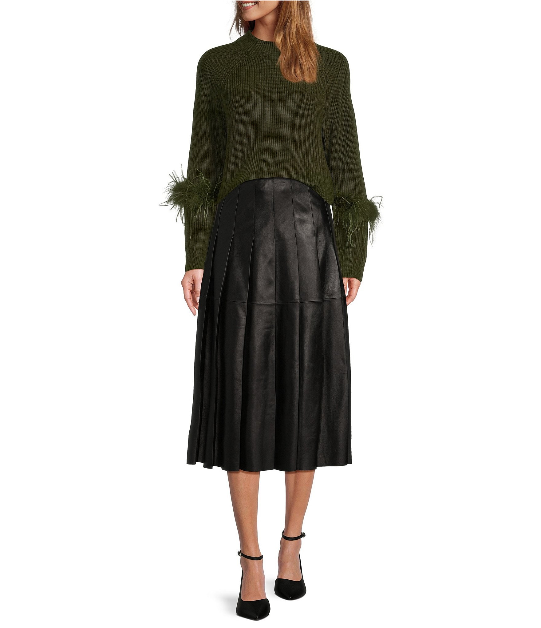 Antonio Melani Chloe Genuine Leather Pleated Midi Skirt