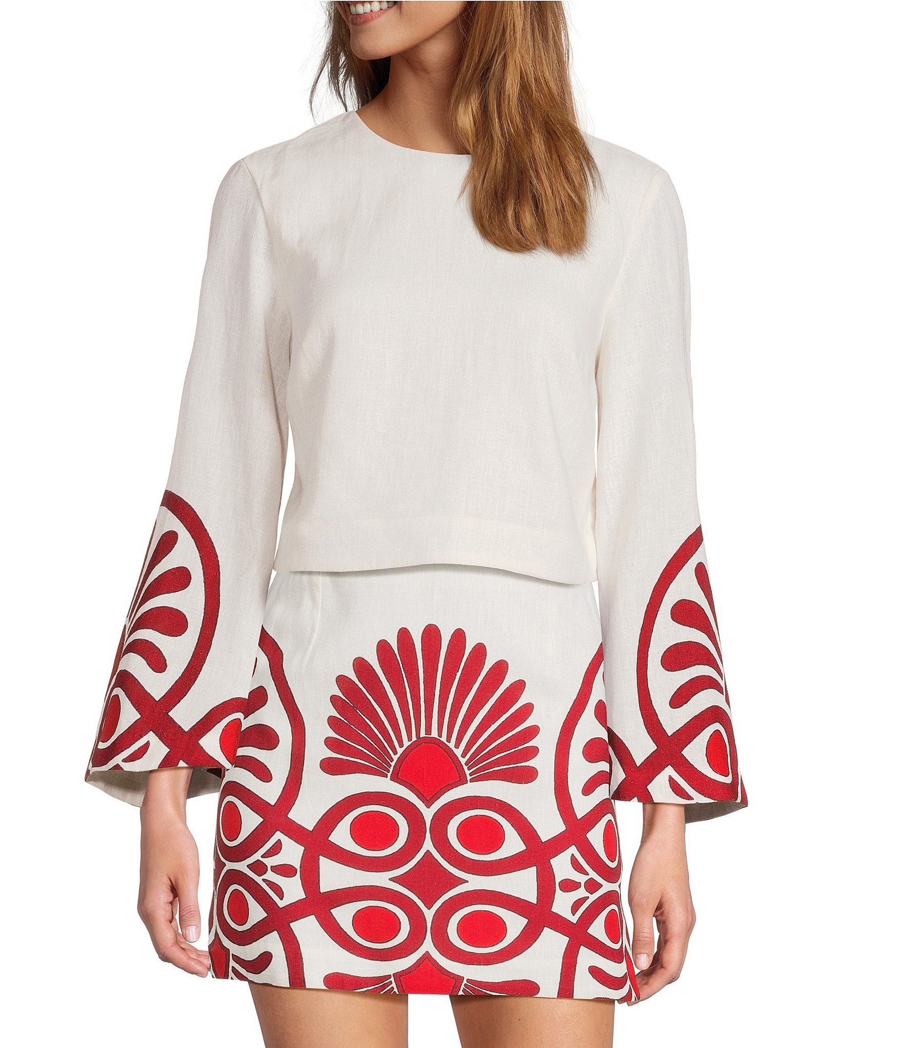 Antonio Melani Coordinating Edina Printed Linen Blend Round Neck Long Sleeve Blouse