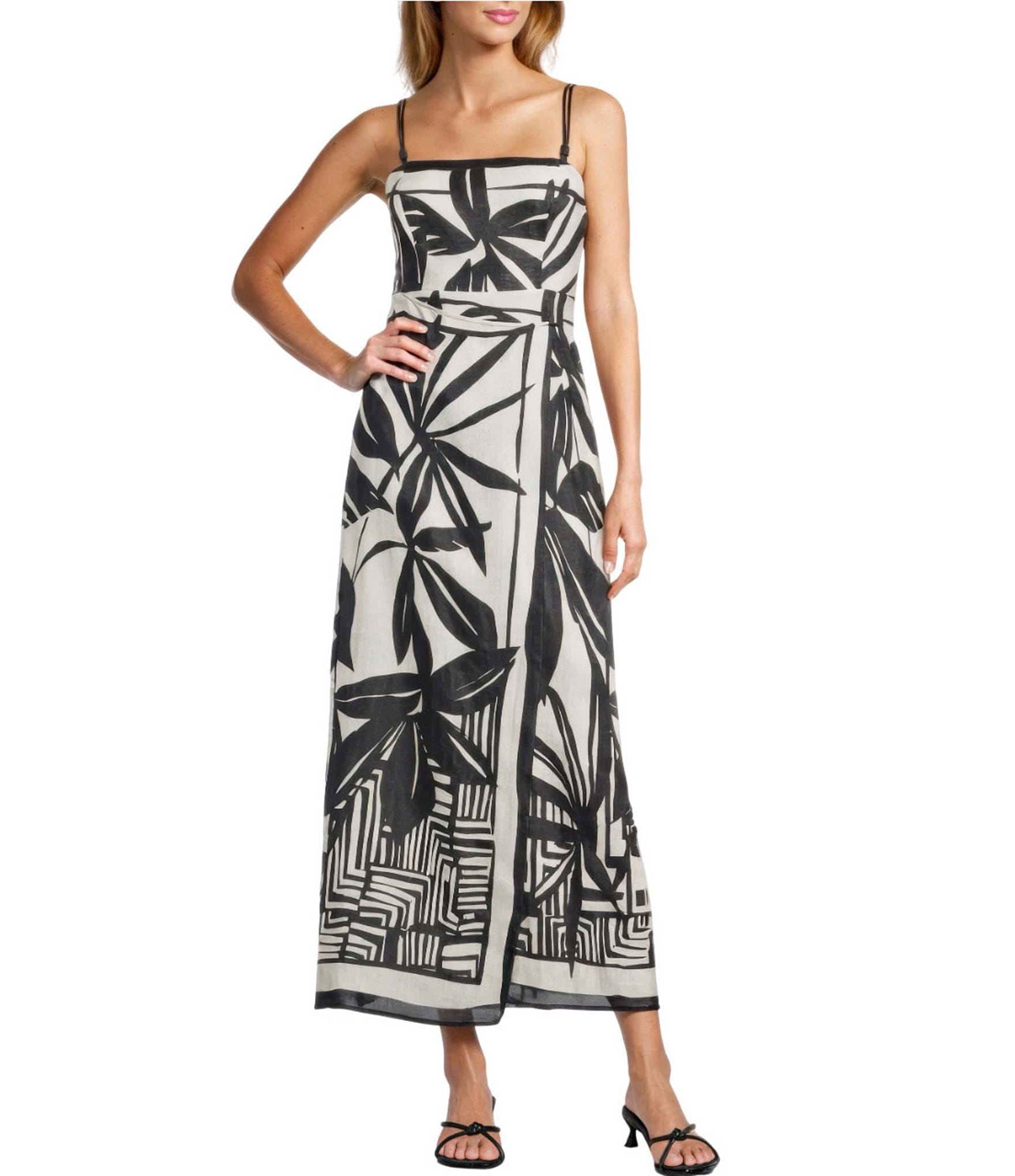 Antonio Melani Destiny Palm Printed Linen Square Neck Sleeveless Dress