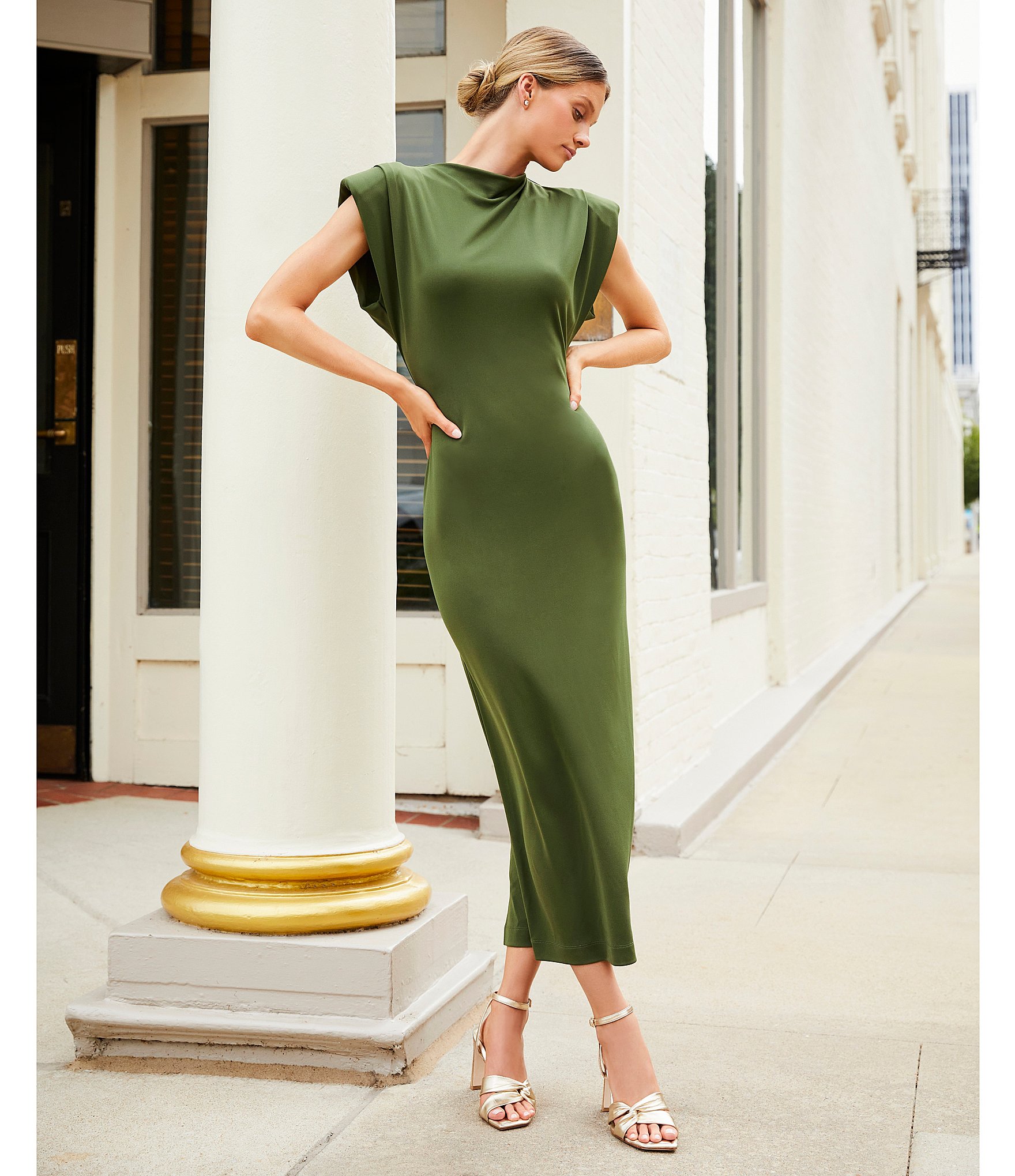 Antonio Melani Harper Matte Jersey Mock Neck Dropped Cap Sleeve Midi Sheath Dress